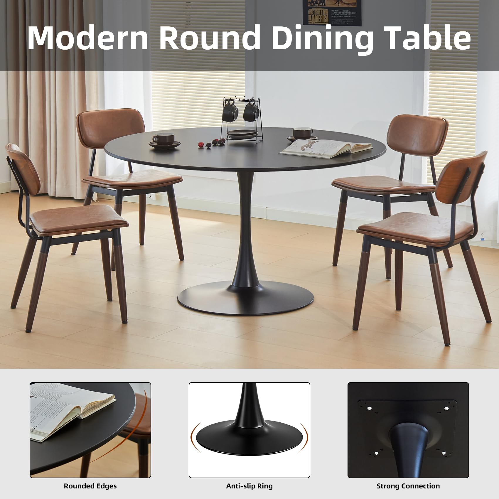 Hansweld 43.5" Tulip Table, Round Dining Table with Thickened Tabletop & Metal Pedestal, Mid Century Modern Bistro Circle Table for Kitchen, Small Places, Living Room, Cafe (Black)