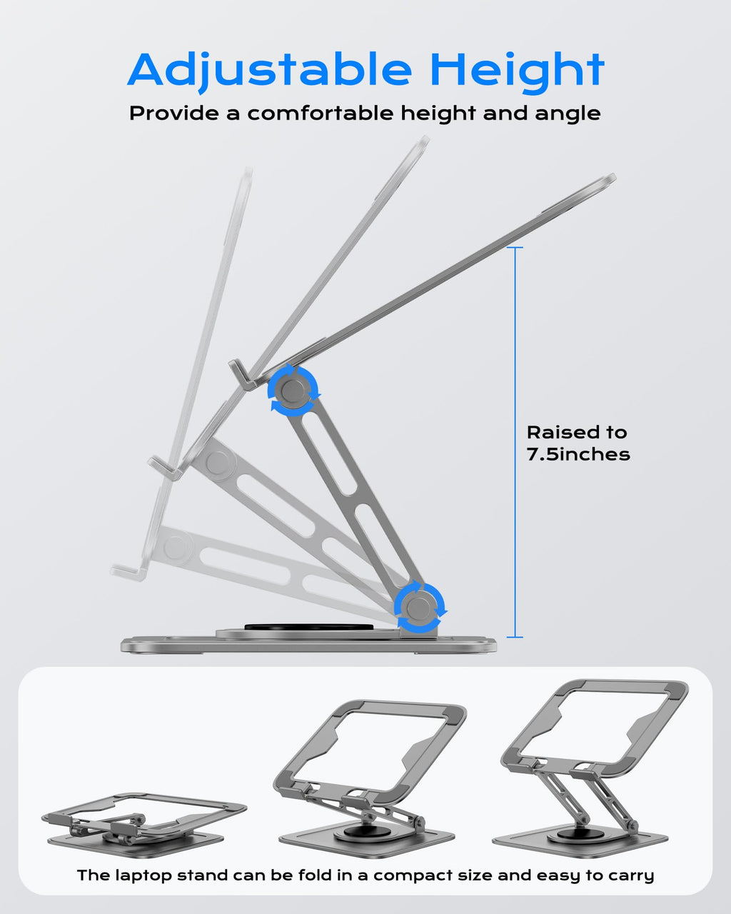 Adjustable Laptop Stand for Desk with 360 Base, Ergonomic Laptop Riser, Mount, Holder Notebook Computer Stand for MacBook Air Pro, HP, Dell, XPS, HP 16" Laptops - Gray