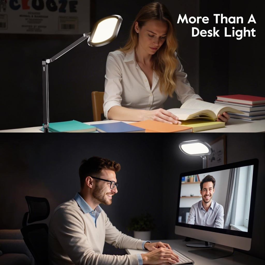 Premium LED Desk Lamp for Office – Eye-Caring Double Side Light with Knob Remote, Stepless Dimming & Color, Memory, Metal Table Lamp for Zoom, Studying, Video Conference, Flicker-Free, Glare-Free