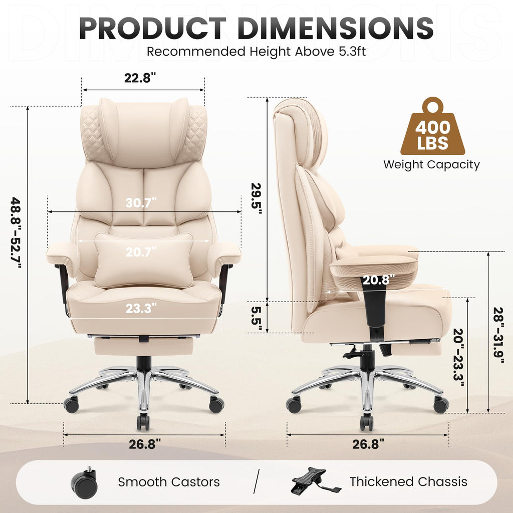 Office Desk Chair, Big and Tall Leather Gaming Chair with Footrest, Wide Ergonomic Comfy Executive High-Back Reclining Computer Chairs, Swivel Rolling Wheels and Padded Lumbar Support, Beige