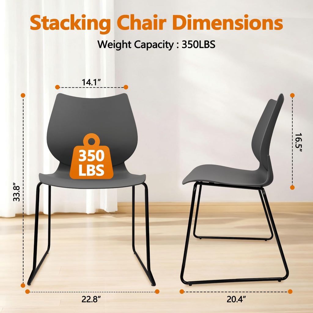 Set of 12, Stacking Waiting Room Chairs, Stacked Plastic Office Chair with Ergonomic Lumbar Support and Metal Legs for Conference School Church Guest Reception , Grey