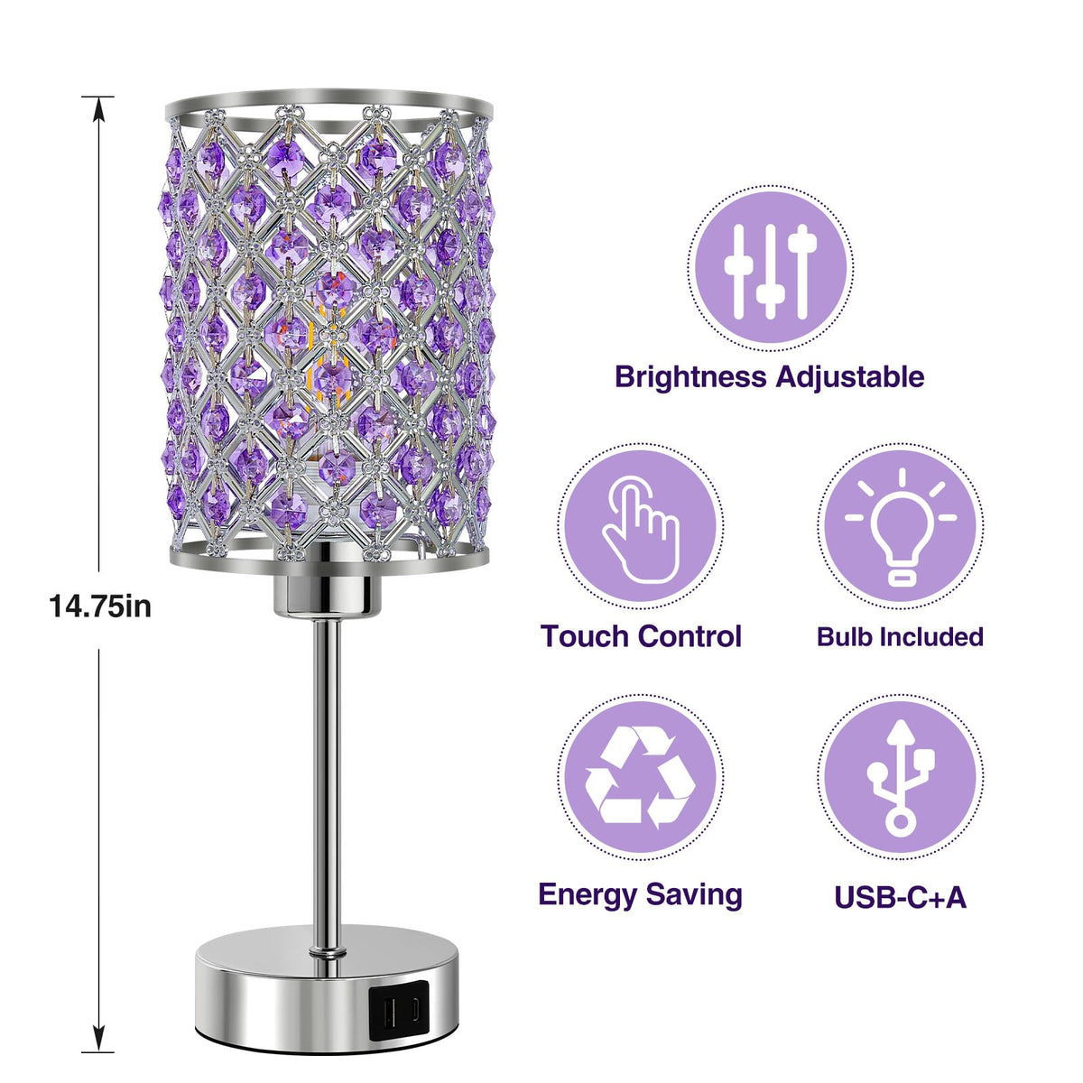 Crystal Table Lamp, Purple Touch Lamp with USB C+A Port, 3-Way Dimmable