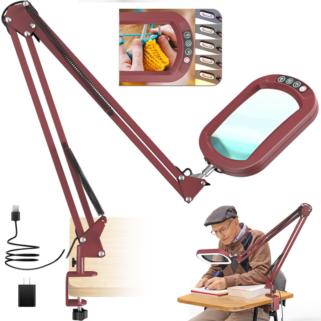 16" Extra Long Magnifying Glass with Light and Clamp, Real Glass, 5 Color Modes, Stepless Dimmable, Lighted Magnifier with Stand Hands Free, LED Swing Arm Desk Lamp for Close Work, Craft, Red