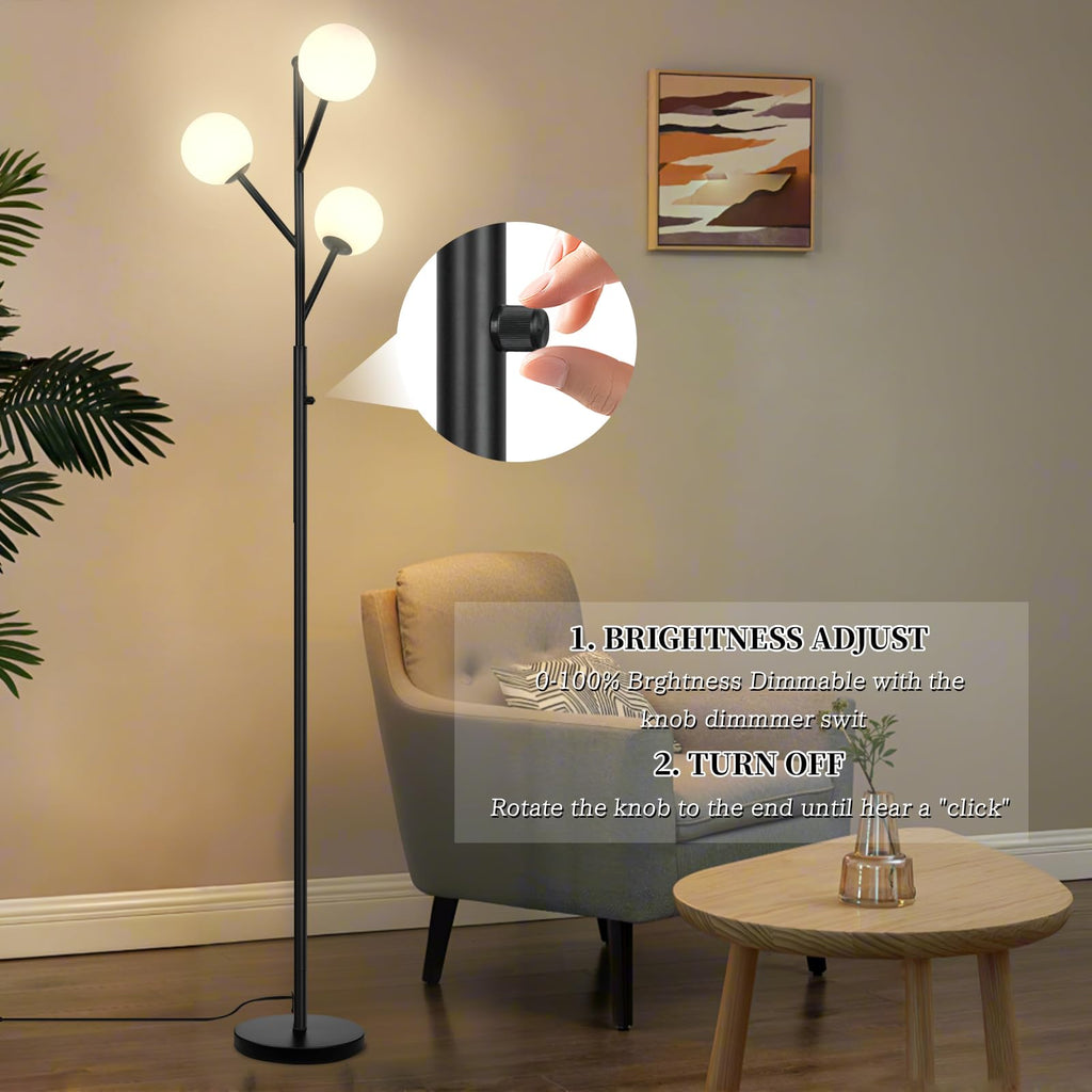 3-Globe Mid Century Black Tree Floor Lamp for Living Room,70in Tall Modern Stepless Dimmable Standing Lamp with Frosted Glass Shade for Office Bedroom, Study Room Bulbs Included(dimmer-Black)