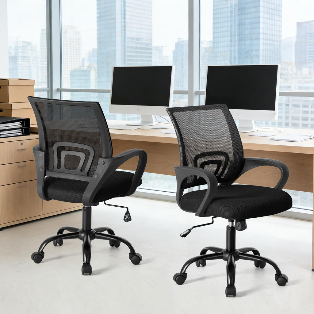 Office Desk Chair - Ergonomic Mid Back with Lumbar Support & Rocking Mode, Height Adjustable with Fixed Armrest, for Home, Computer, Gaming, Conference, Meeting, 360° Swivel, Black, 2 Pack