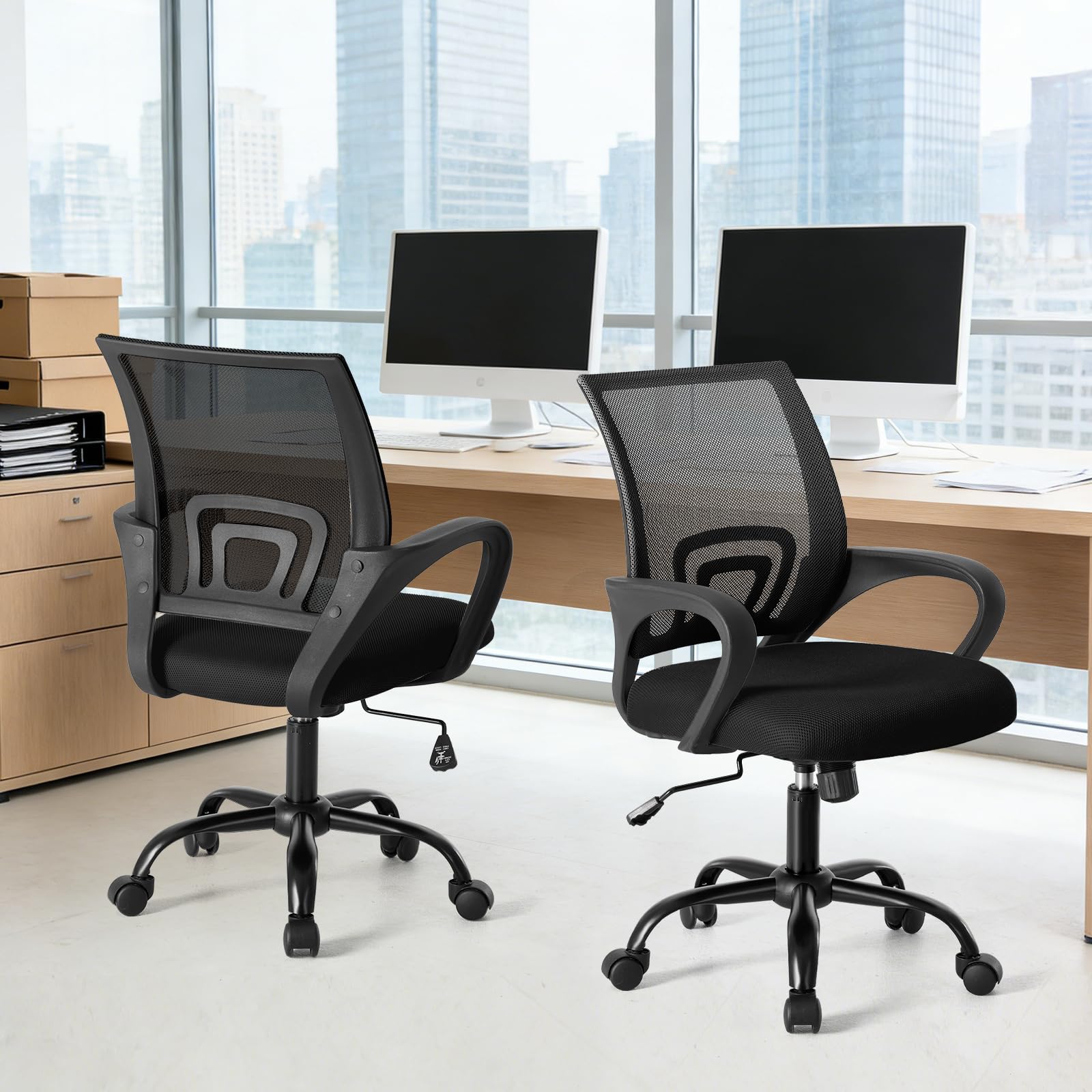 Office Desk Chair - Ergonomic Mid Back with Lumbar Support & Rocking Mode, Height Adjustable with Fixed Armrest, for Home, Computer, Gaming, Conference, Meeting, 360° Swivel, Black, 2 Pack