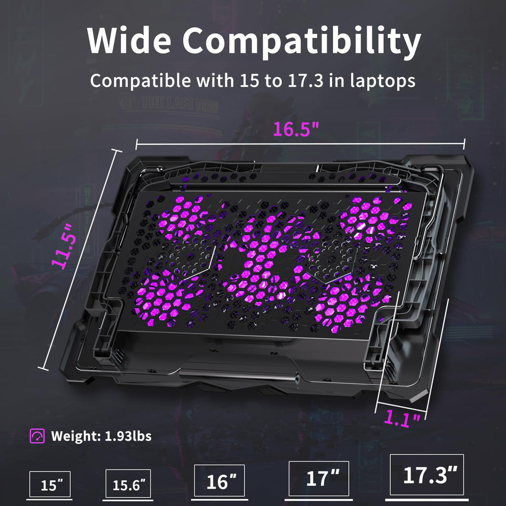 Laptop Cooling Pad for 15.6 to 17.3 Inches PC Notebooks, 5 Fans Computer Cooler Stands with Purple Lights Desk Chiller Mat, S035