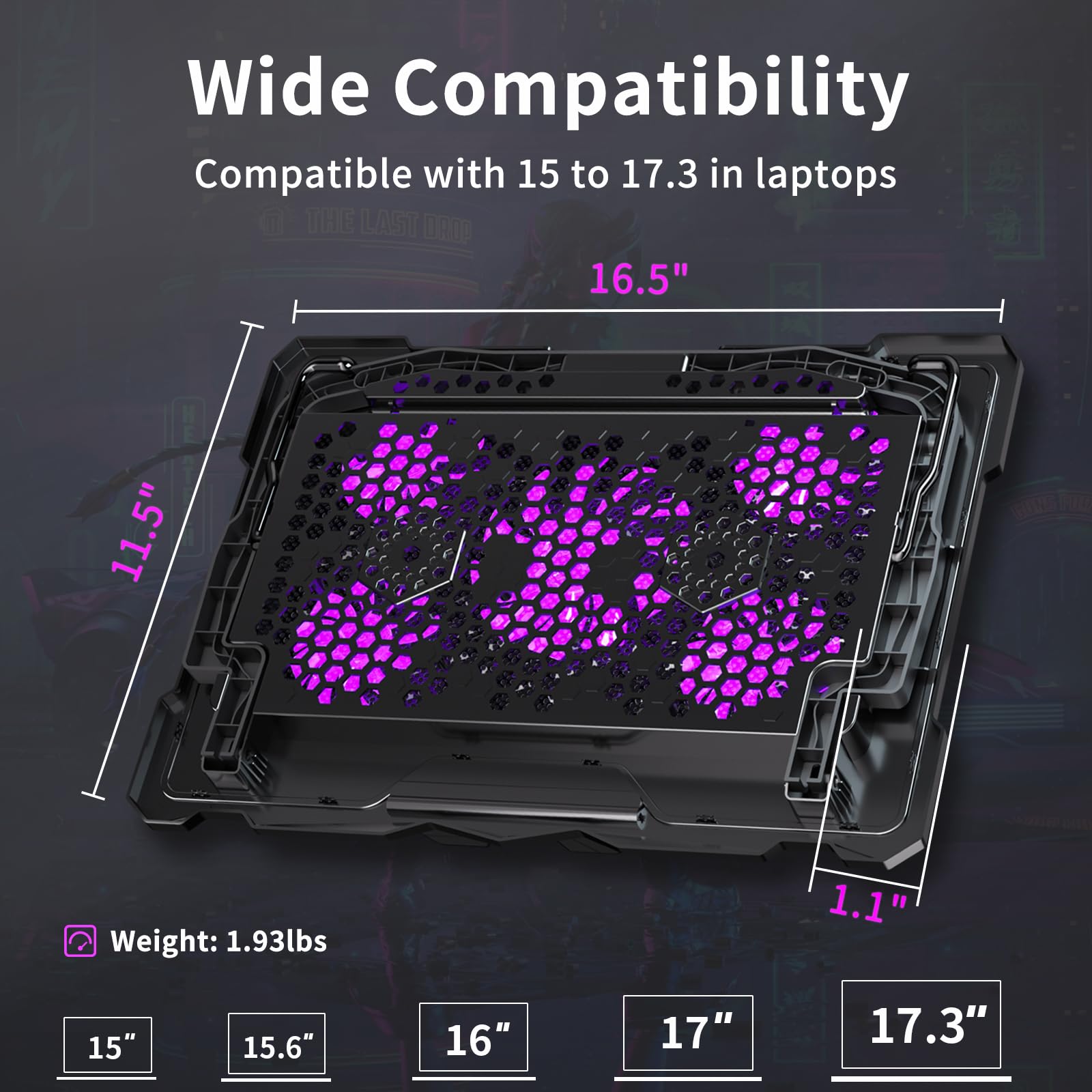 Laptop Cooling Pad for 15.6 to 17.3 Inches PC Notebooks, 5 Fans Computer Cooler Stands with Purple Lights Desk Chiller Mat, S035