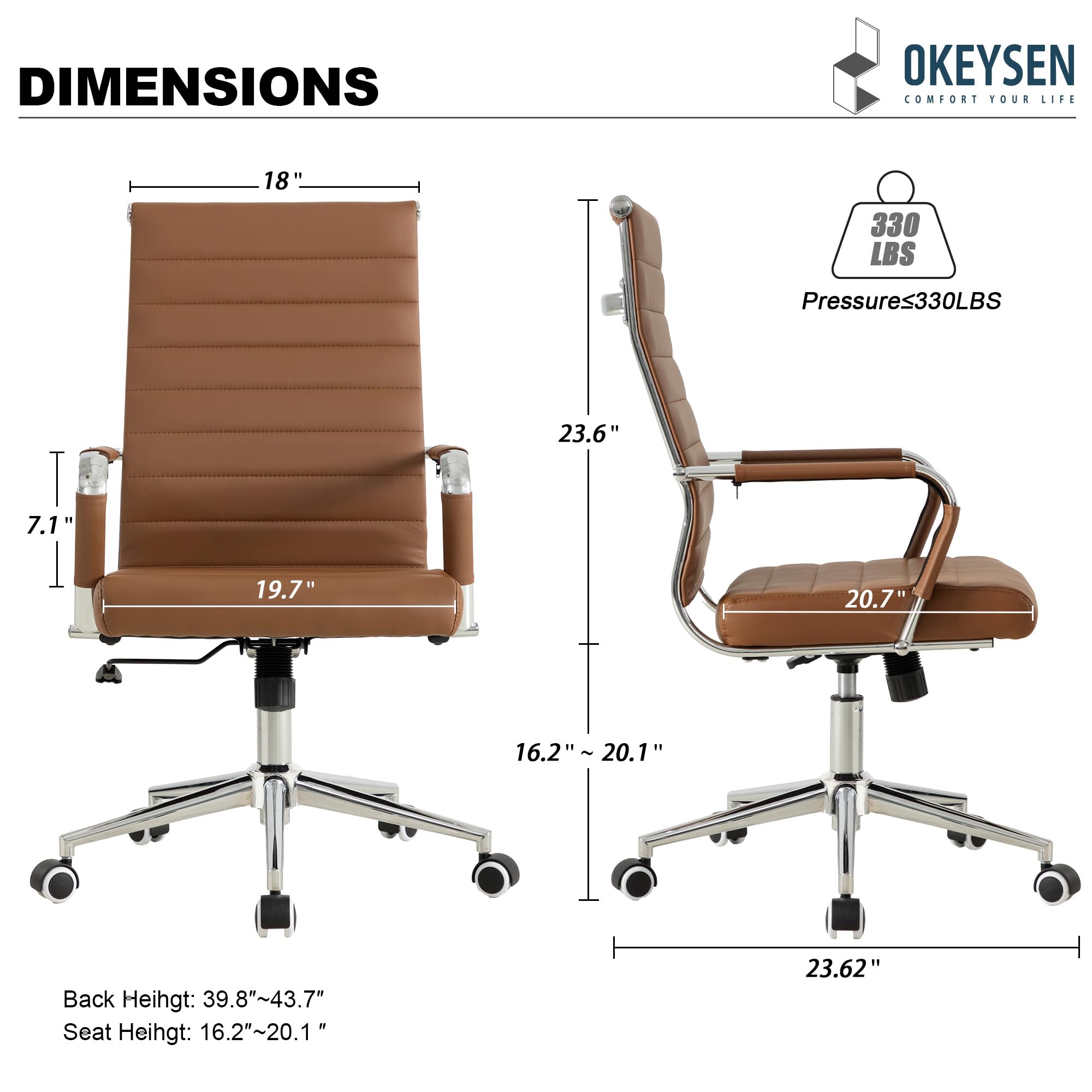 Office Desk Chair, Ergonomic Leather Modern Conference Room Chairs, Executive Ribbed Height Adjustable Swivel Rolling Chair for Home Office. (Brown)