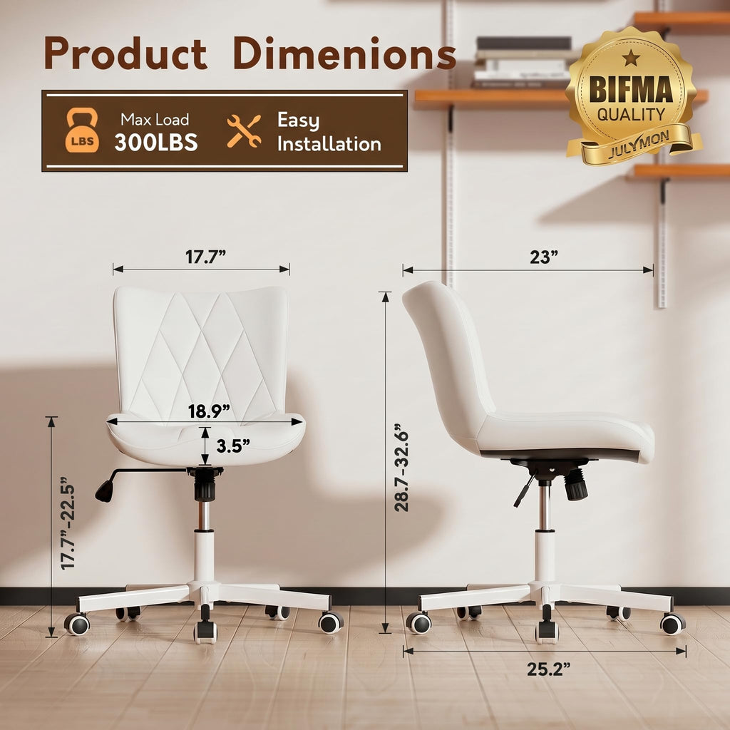 Armless Desk Chair, Morden Home Office Chair no Arms, Adjustable Height & Rocking Computer Chair, PU Leather Vanity Chair, Ergonomic Seat Soft Padded Desk Chairs for Home Small Space, White