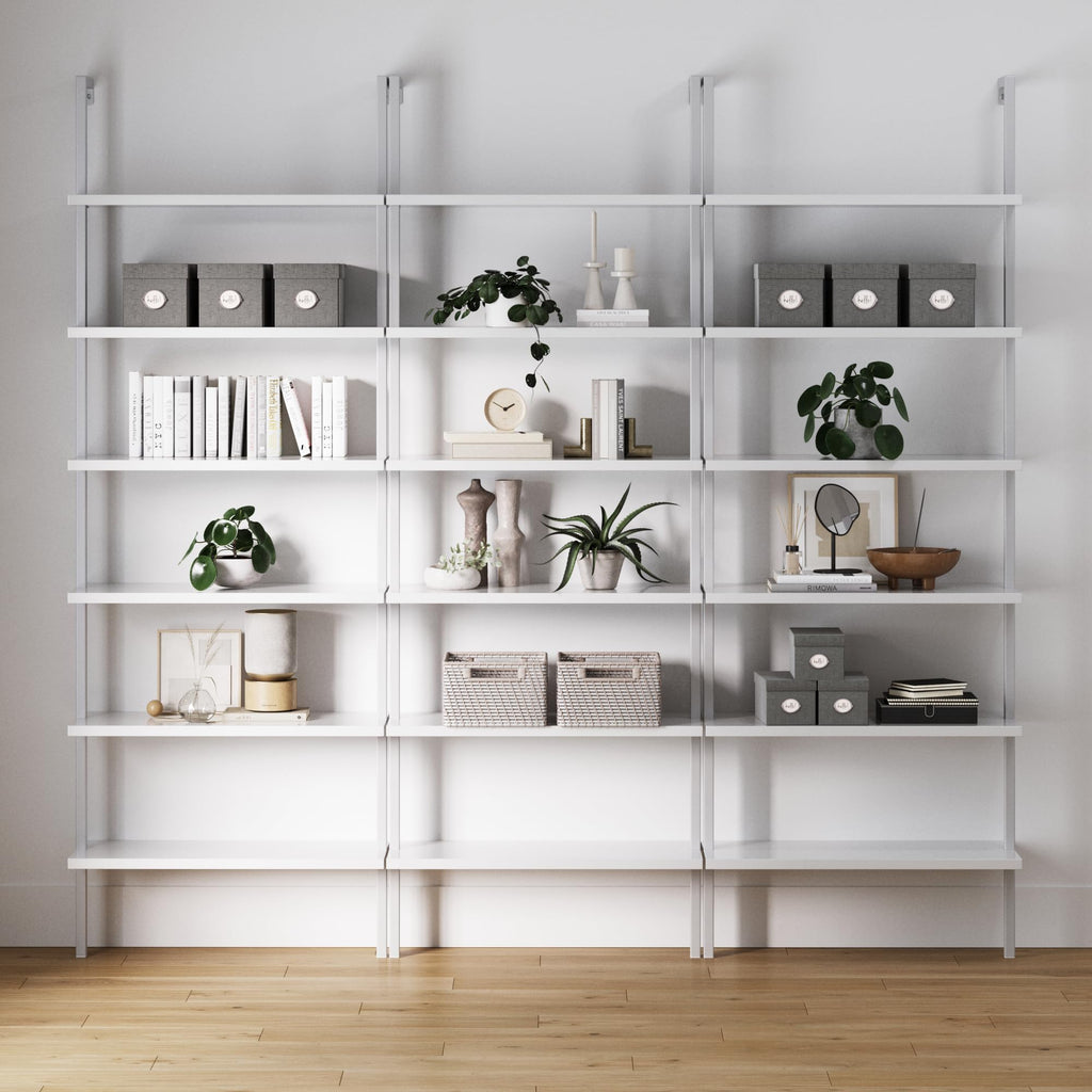Set of 3, 6-Shelf Tall Modern Bookshelf, Wall Mount Ladder Shelf Bookcase with White Wood and Industrial Metal Frame, Matte White/White