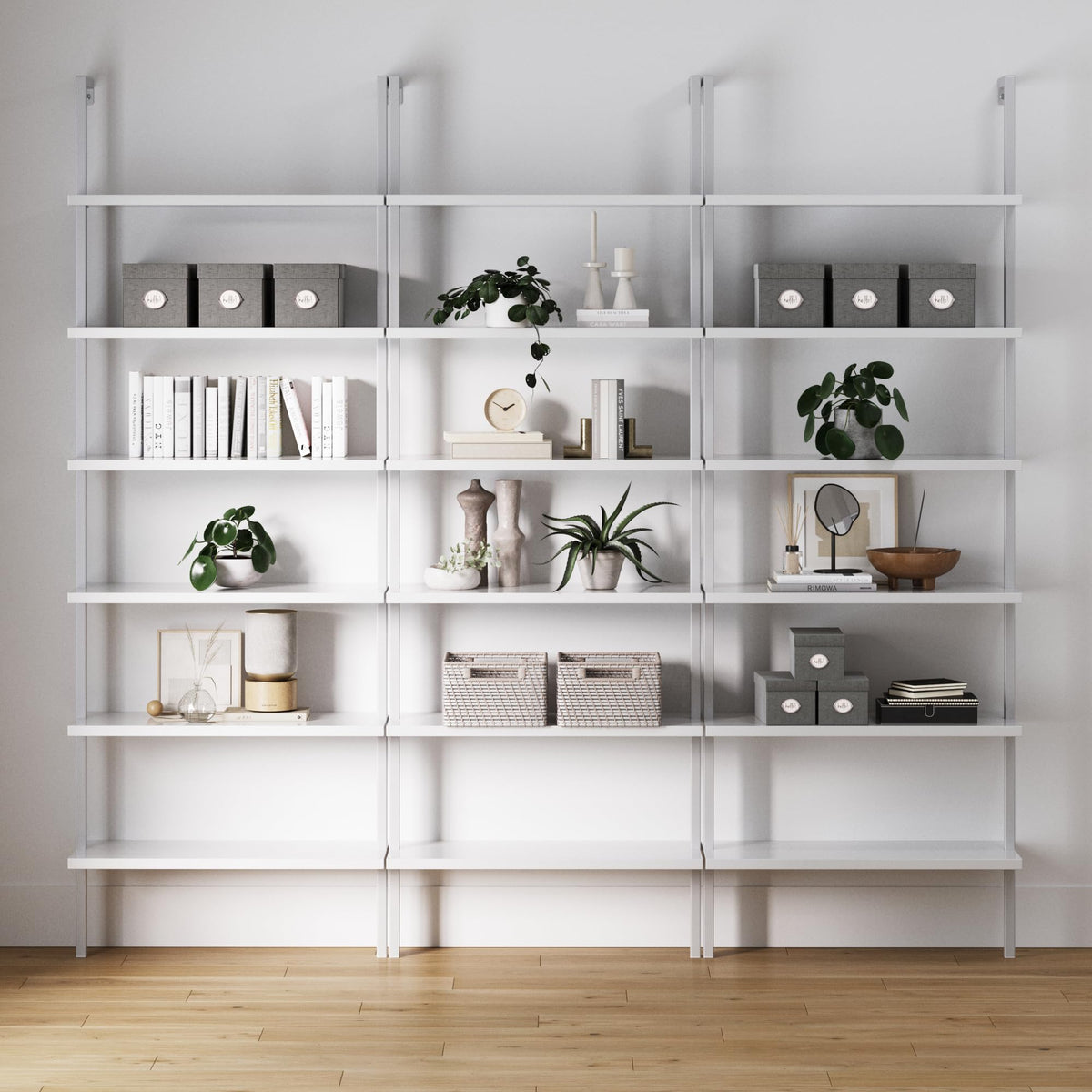 Set of 3, 6-Shelf Tall Modern Bookshelf, Wall Mount Ladder Shelf Bookcase with White Wood and Industrial Metal Frame, Matte White/White