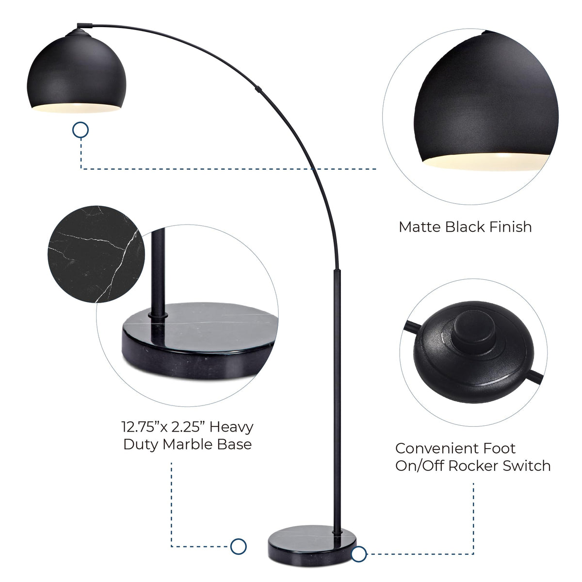 Arquer 66.93" Arc Floor Lamp for Living Rooms, Home Offices, Dining Rooms, Bedrooms with Faux Black Marble Base and Black Bell Shade