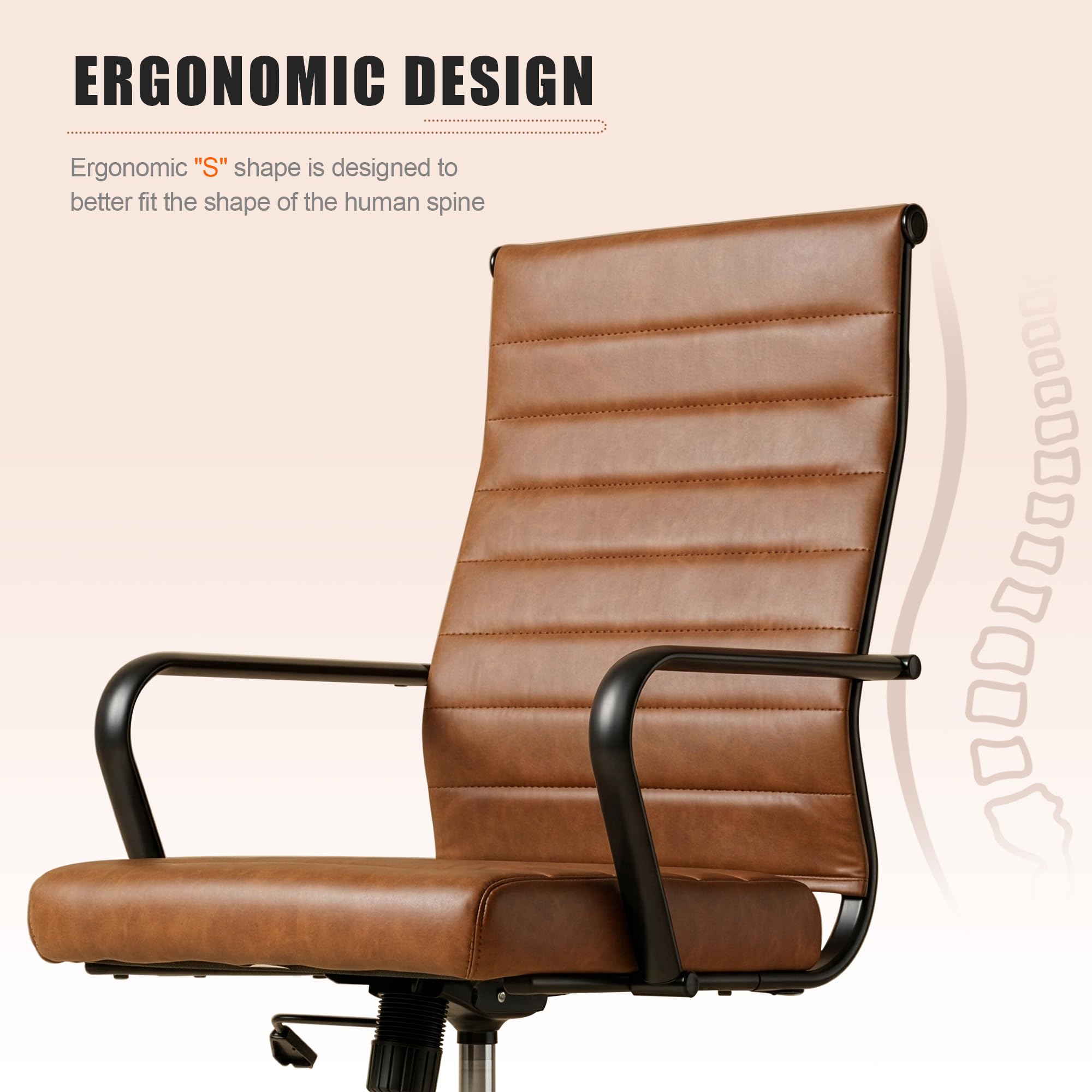 Leather Office Desk Chair, Mid-Century Modern Leather Conference Room Chairs, Ergonomic Executive Ribbed Height Adjustable Swivel Rolling Chair for Home Office.
