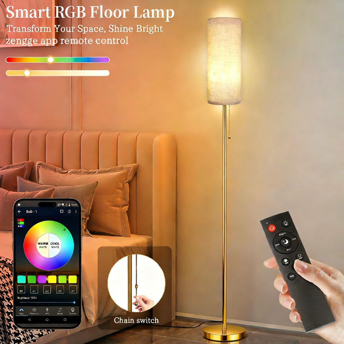 Floor Lamps for Living Room with RGB Color Changing Bulb Dimmable Color Brightness Standing Lamp with Remote Tall Lamps with Chain Switch for Bedroom Office 9W LED Bulb Included, Gold Body RGB Bulb