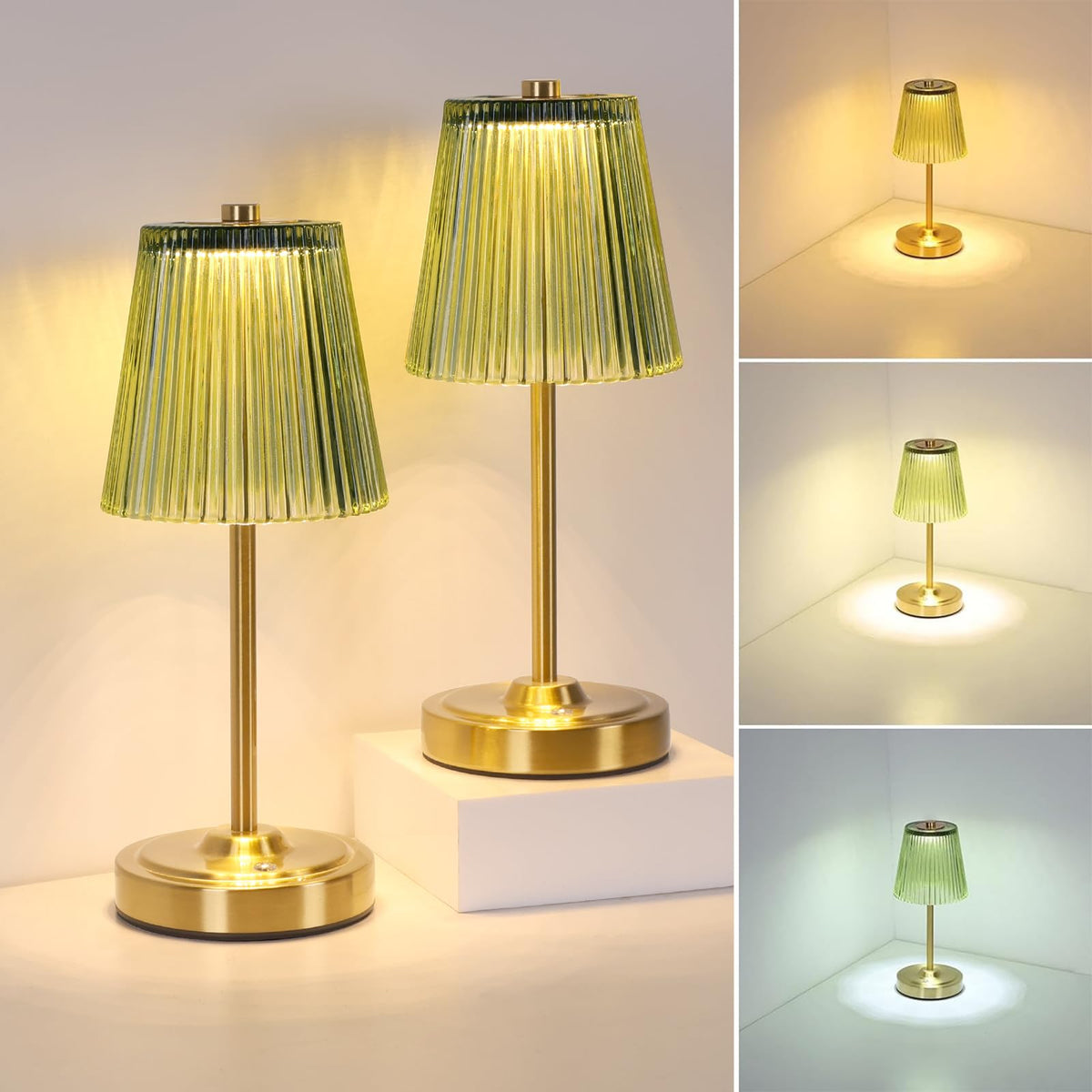 Set of 2 Cordless Touch Table Lamp with 5200mAh Battery - 3 Adjustable Color Temperatures & Dimmable, Rechargeable Lamp for Bedsides, Living Room, Entryway, Bookshelves (Green Stripe)