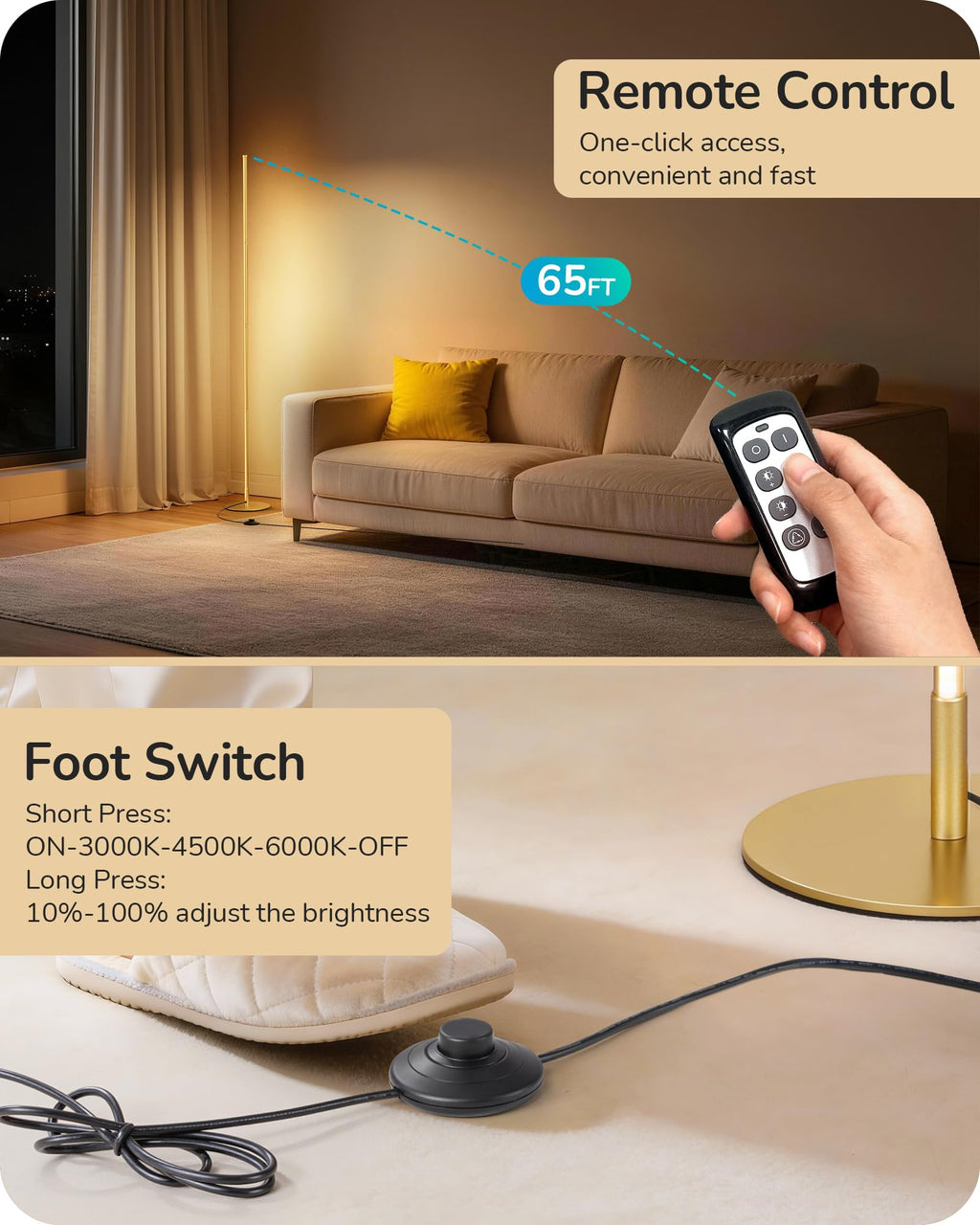 59.8" Corner Lamp with Remote & 3 Height Settings, Dimmable & 3CCT
