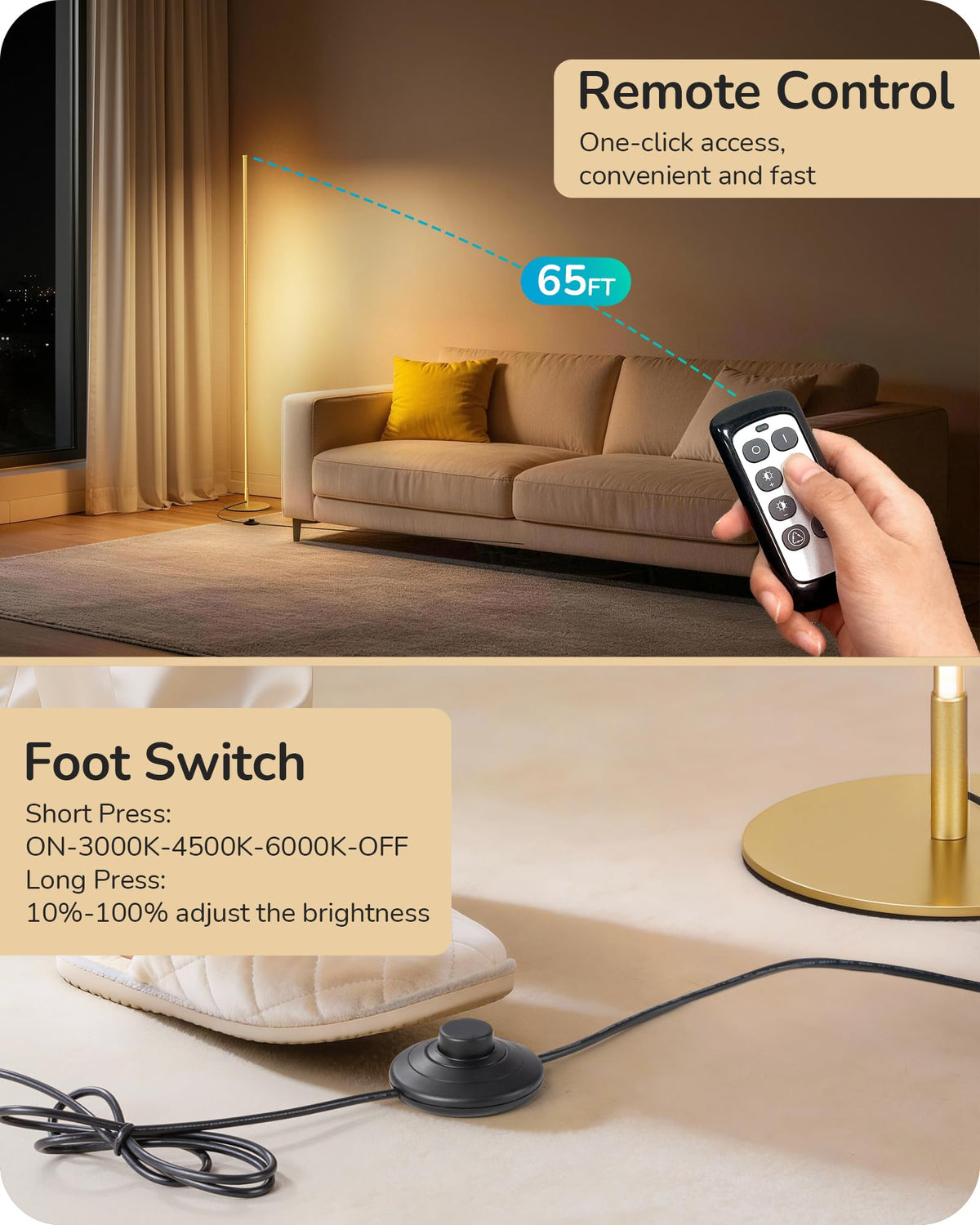 59.8" Corner Lamp with Remote & 3 Height Settings, Dimmable & 3CCT