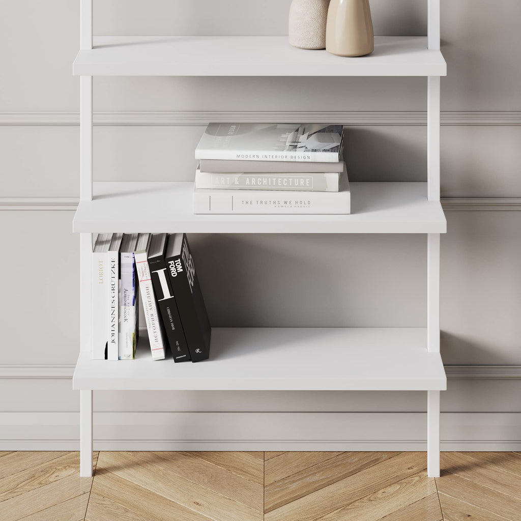 6-Shelf Tall Modern Bookshelf, Wall Mount Ladder Shelf Bookcase with White Wood and Industrial Metal Frame, Matte White/White, Set of 2
