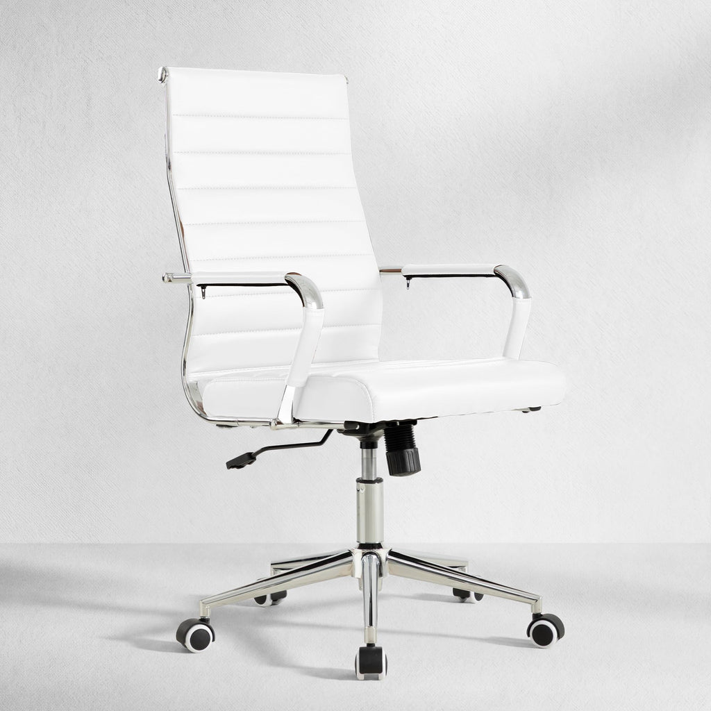 White Office Desk Chair, Ergonomic Leather Modern Conference Room Chairs, Executive Ribbed Height Adjustable Swivel Rolling Chair for Home Office.