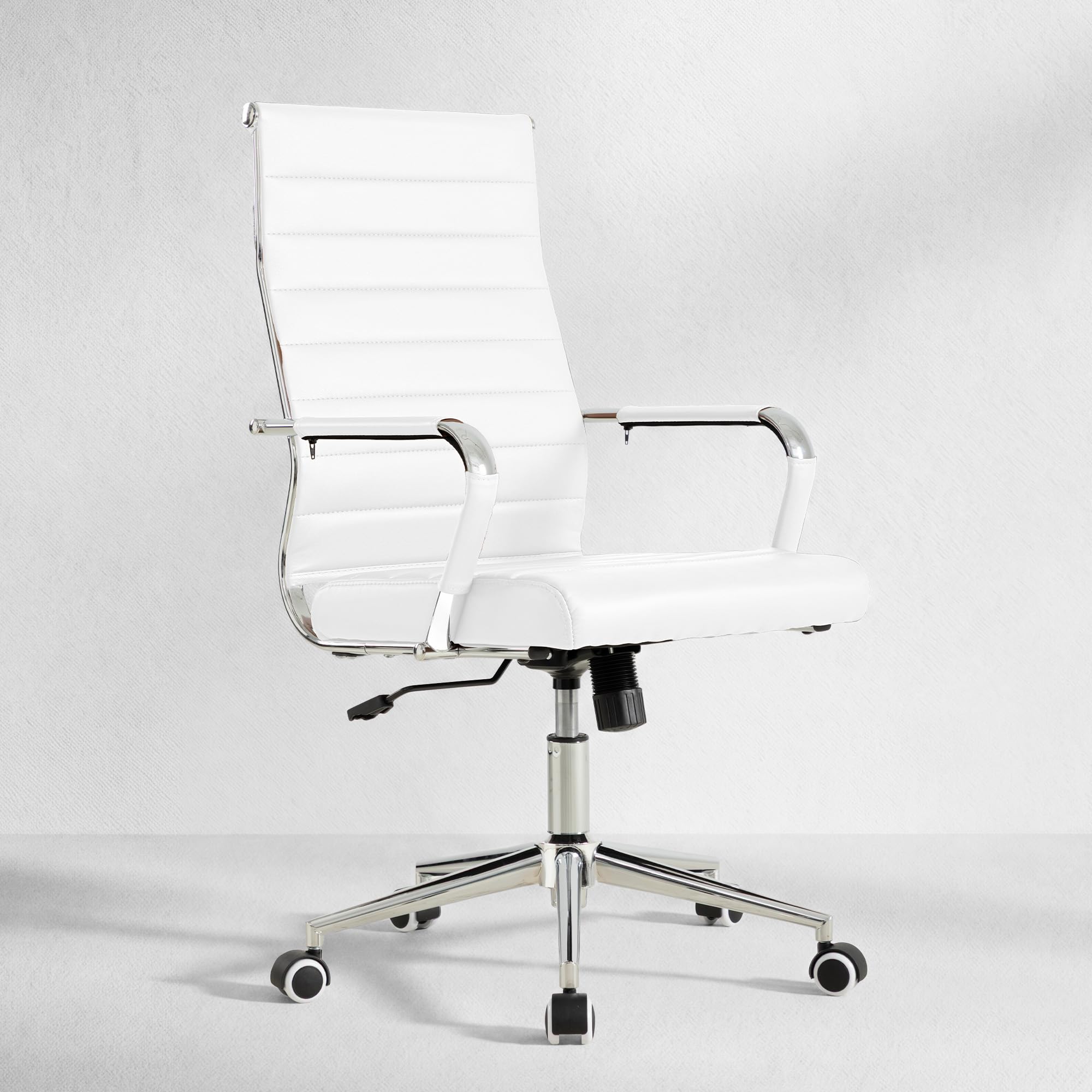 White Office Desk Chair, Ergonomic Leather Modern Conference Room Chairs, Executive Ribbed Height Adjustable Swivel Rolling Chair for Home Office.