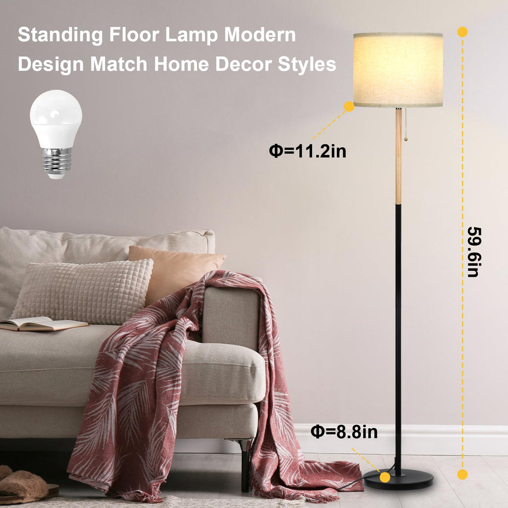 Bedroom Standing Floor Lamp with Linen Shade,White+ Wood Black Pole
