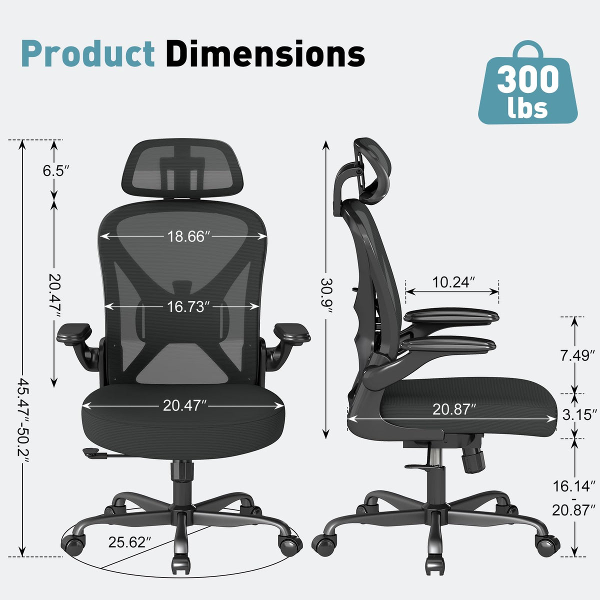 Ergonomic Office Chair, Mesh Fabric Home Office Chairswith Adjustable Lumbar Support, Headrest, 360° Swivel, and Flip-UpArmrests, Black