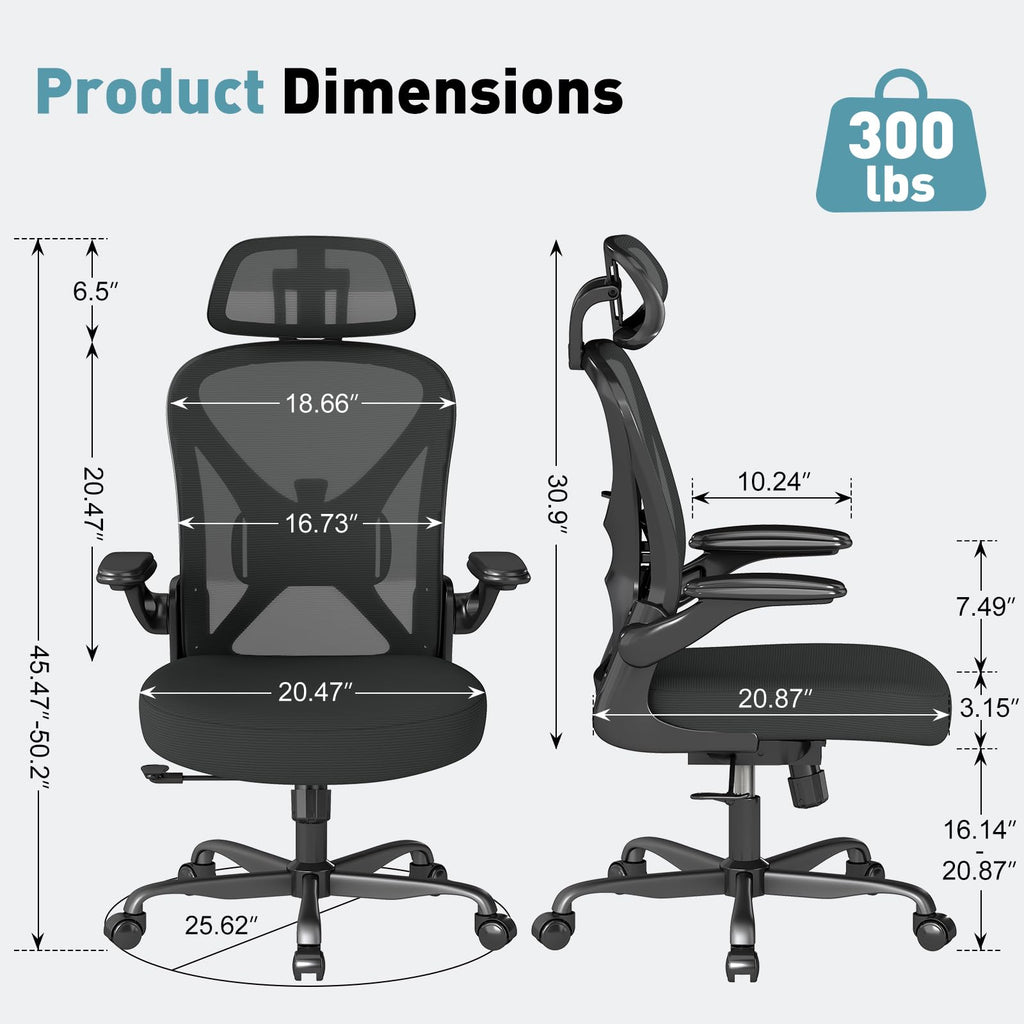 Ergonomic Office Chair Set of 10, with Adjustable Lumbar Support, Mesh Fabric Home Office Chair with Headrest, 360° Swivel and Flip-Up Armrests, Black