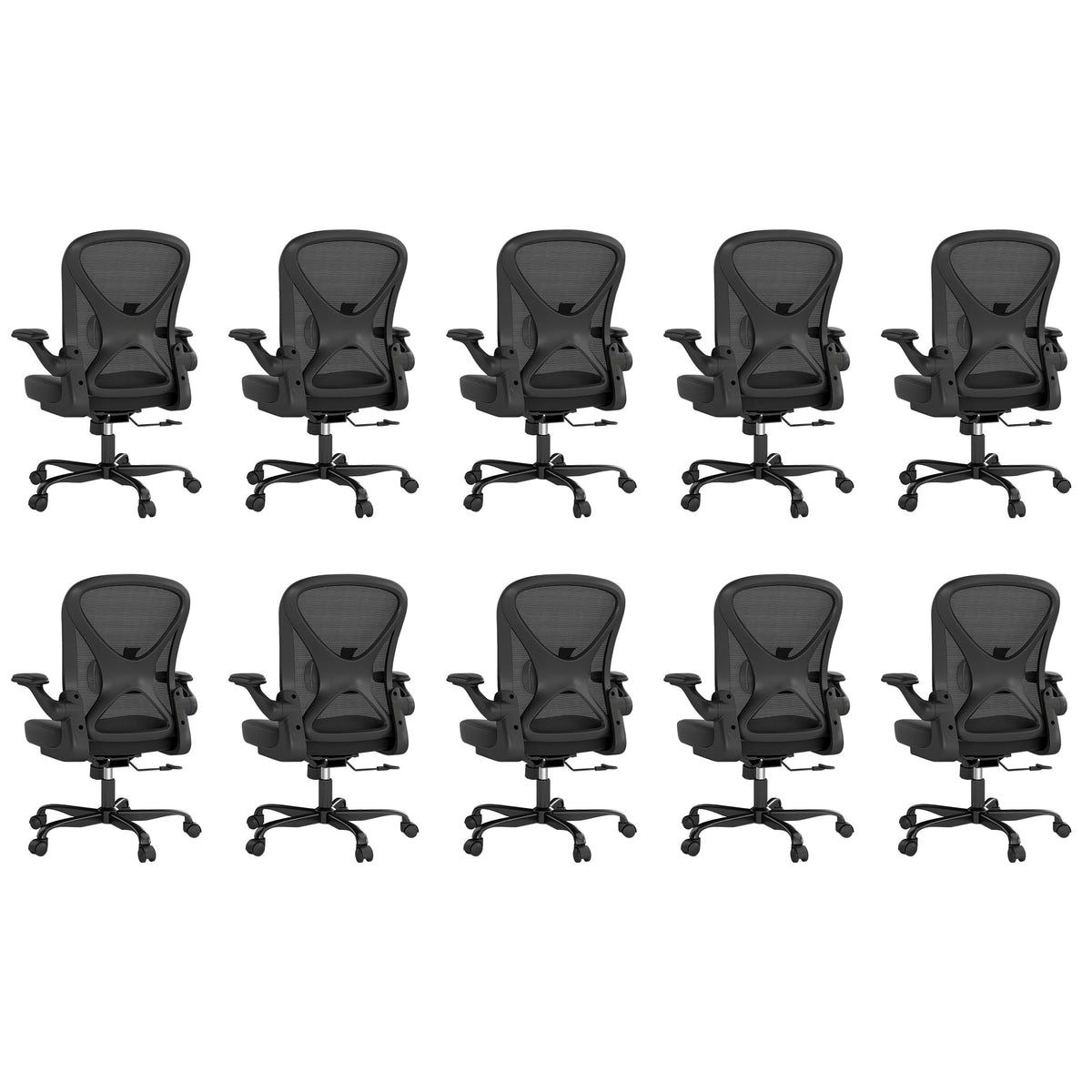 Ergonomic Office Chair Set of 10, Mesh Fabric Home Office Chairs with Adjustable Lumbar Support, 360° Swivel, and Flip-Up Armrests, Black