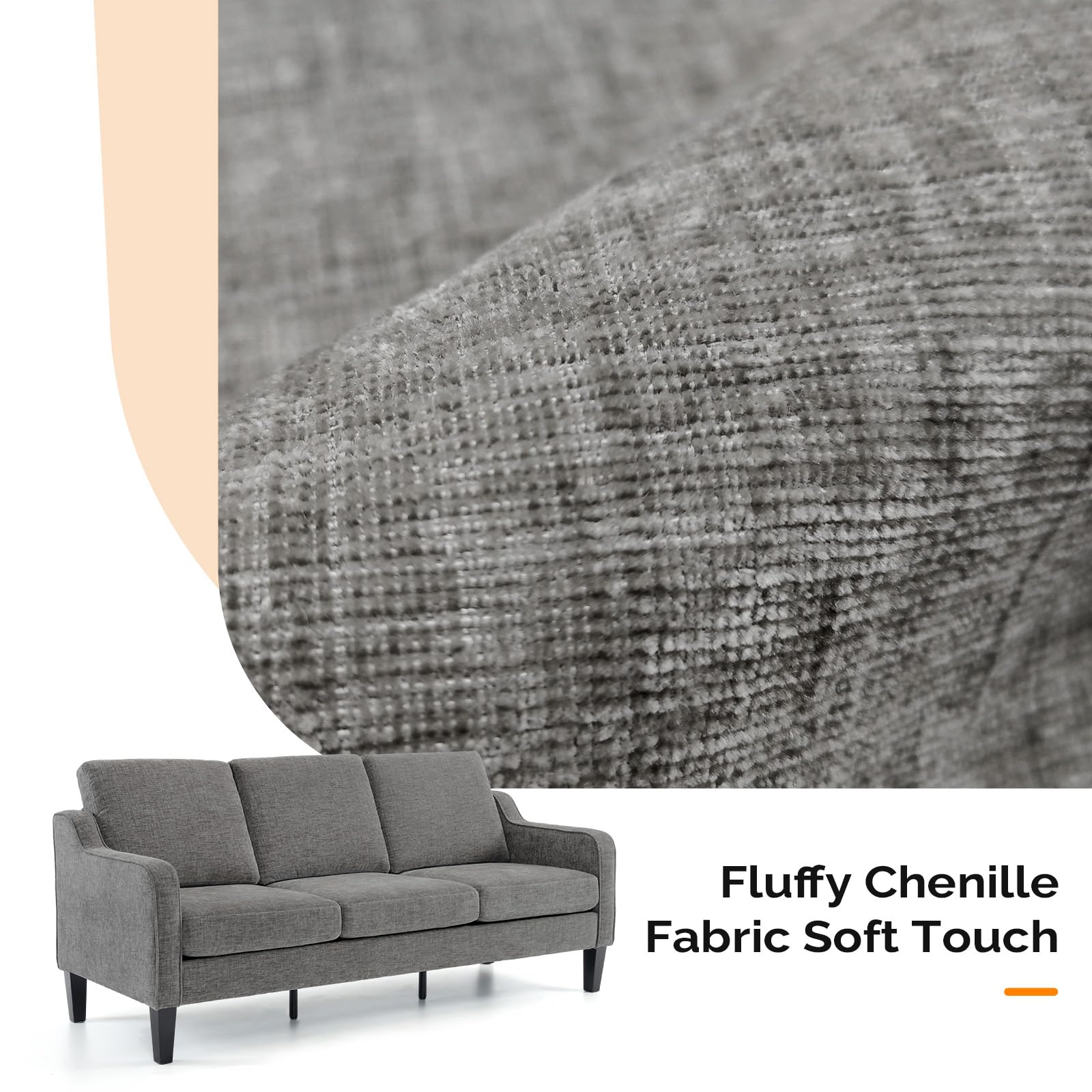 71" Small Couch Loveseat Sofa Mid-Century Modern Couch Grey Soft Chenille Couches Floor Sofa for Bedroom, Apartment, Lounge, Office