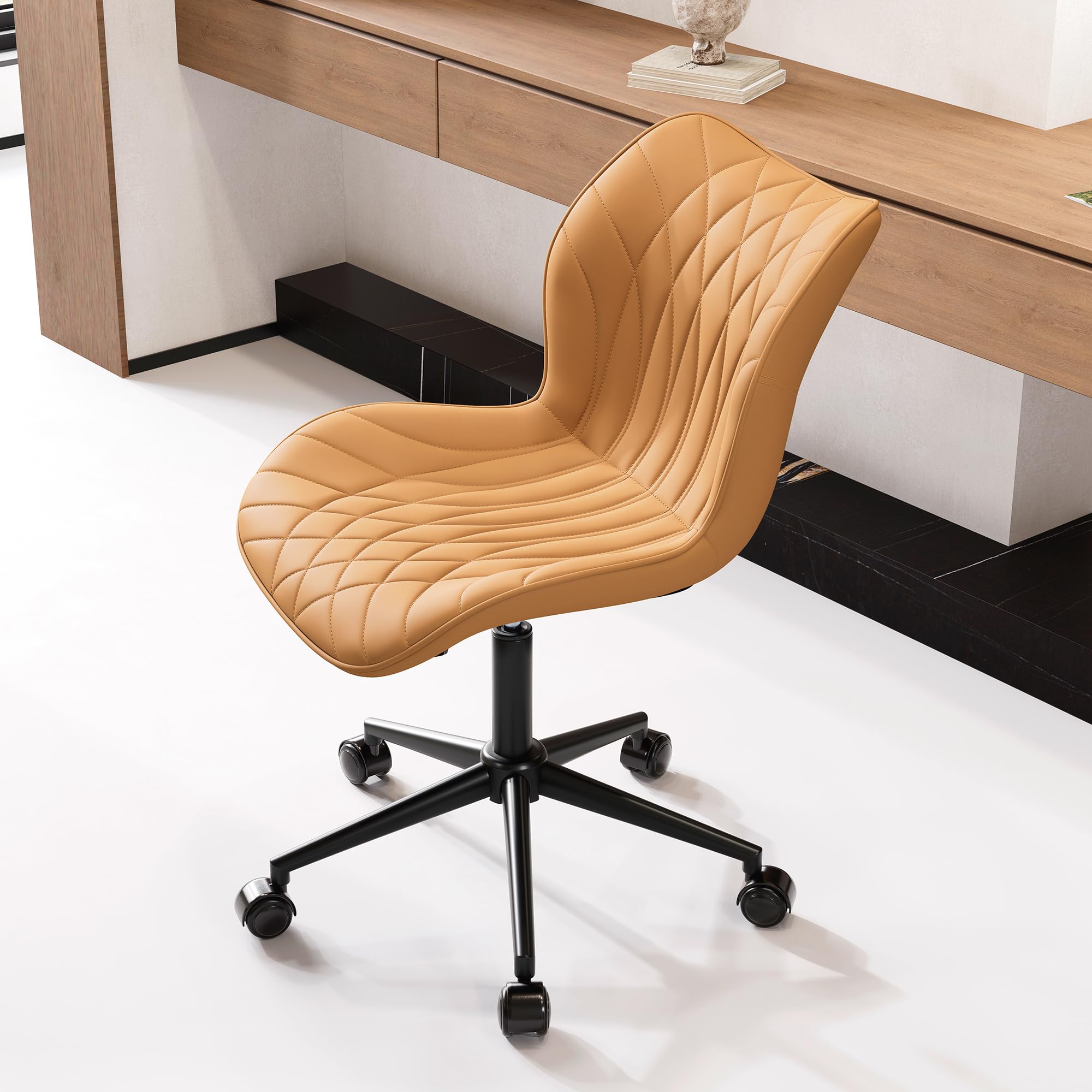 Armless Desk Chair Comfy Office Chair with Wheels Home Ergonomic Task Chair Adjustable Computer Chairs Modern Faux Leather Swivel Chair Upholstered Makeup Vanity Chair with Back(Camel)
