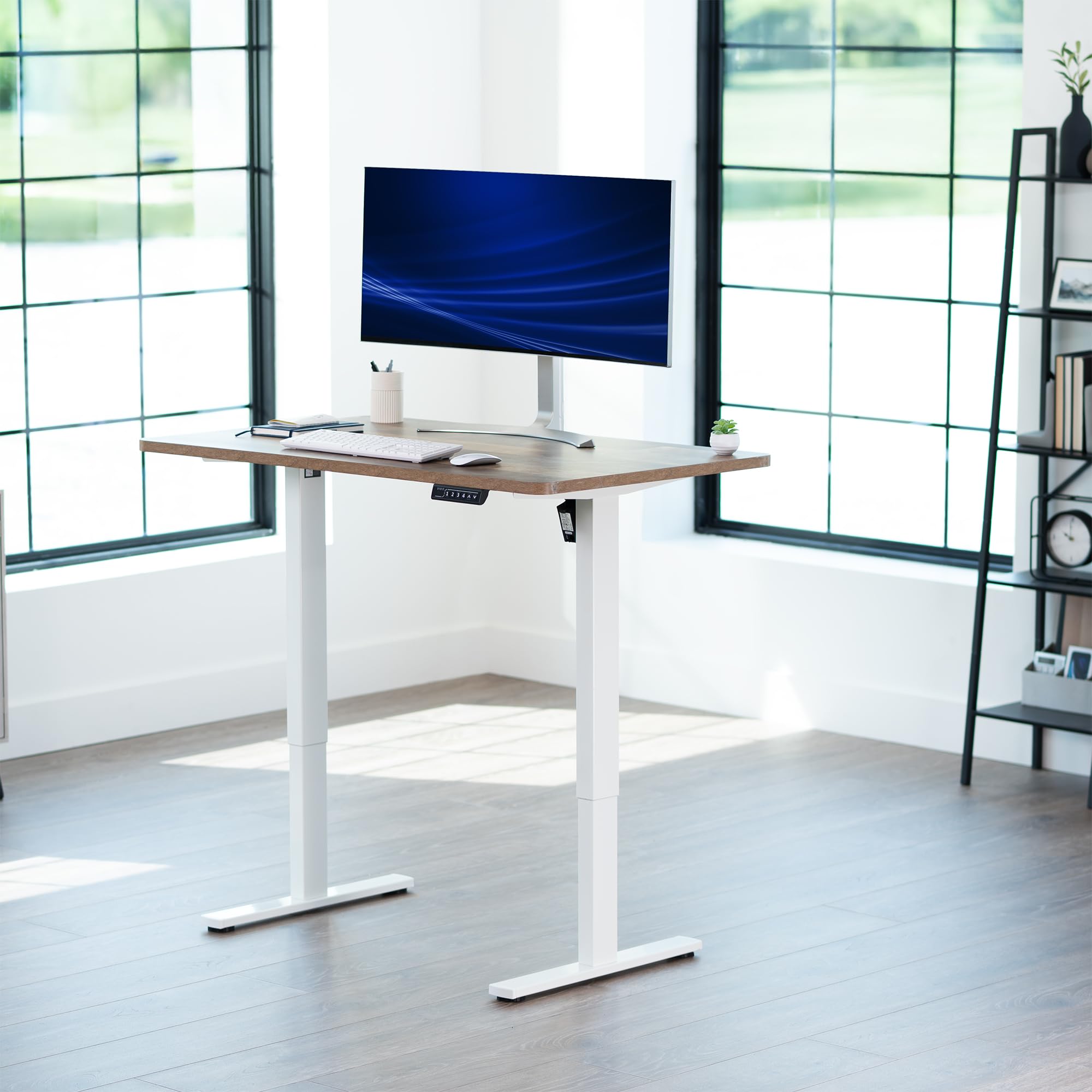 Electric 48 x 30 in Standing Desk, Memory Height Adjustment, 1B Series, Holds 220 lbs, One-Piece Reclaimed Wood Top, White Frame