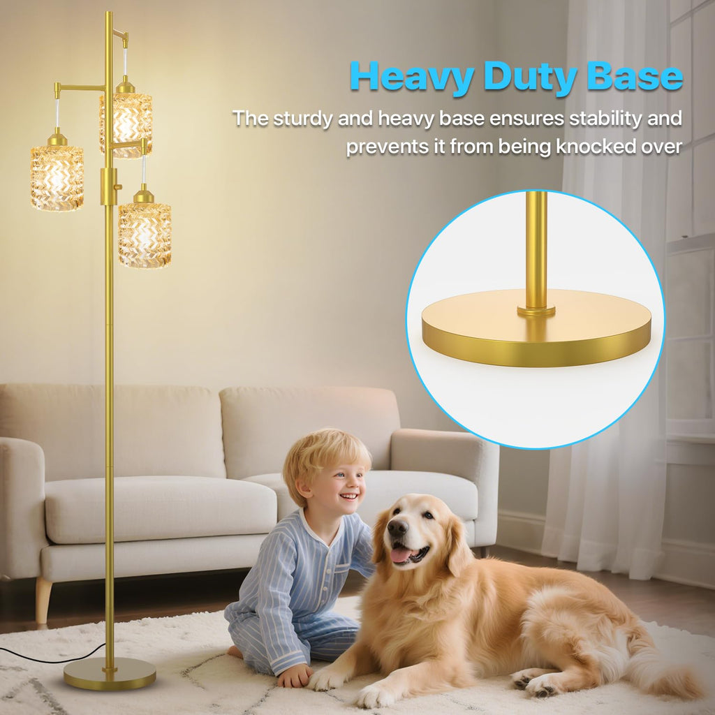 Gold Floor Lamp for Living Room, 3-Light Gold Glass Lampshades