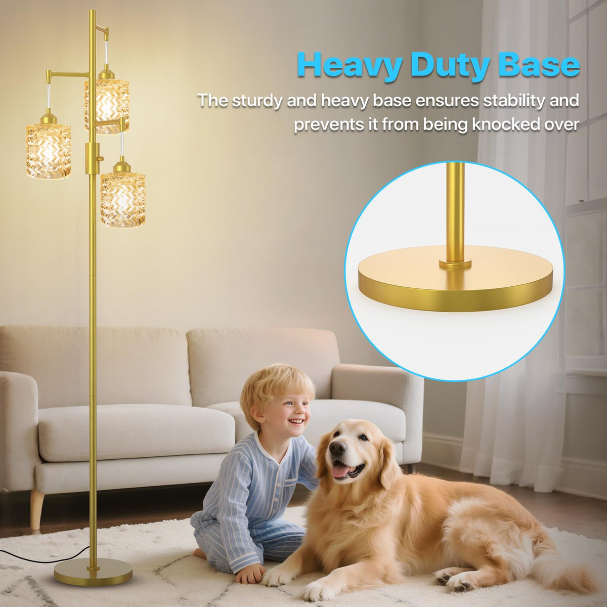 Gold Floor Lamp for Living Room, 3-Light Gold Glass Lampshades