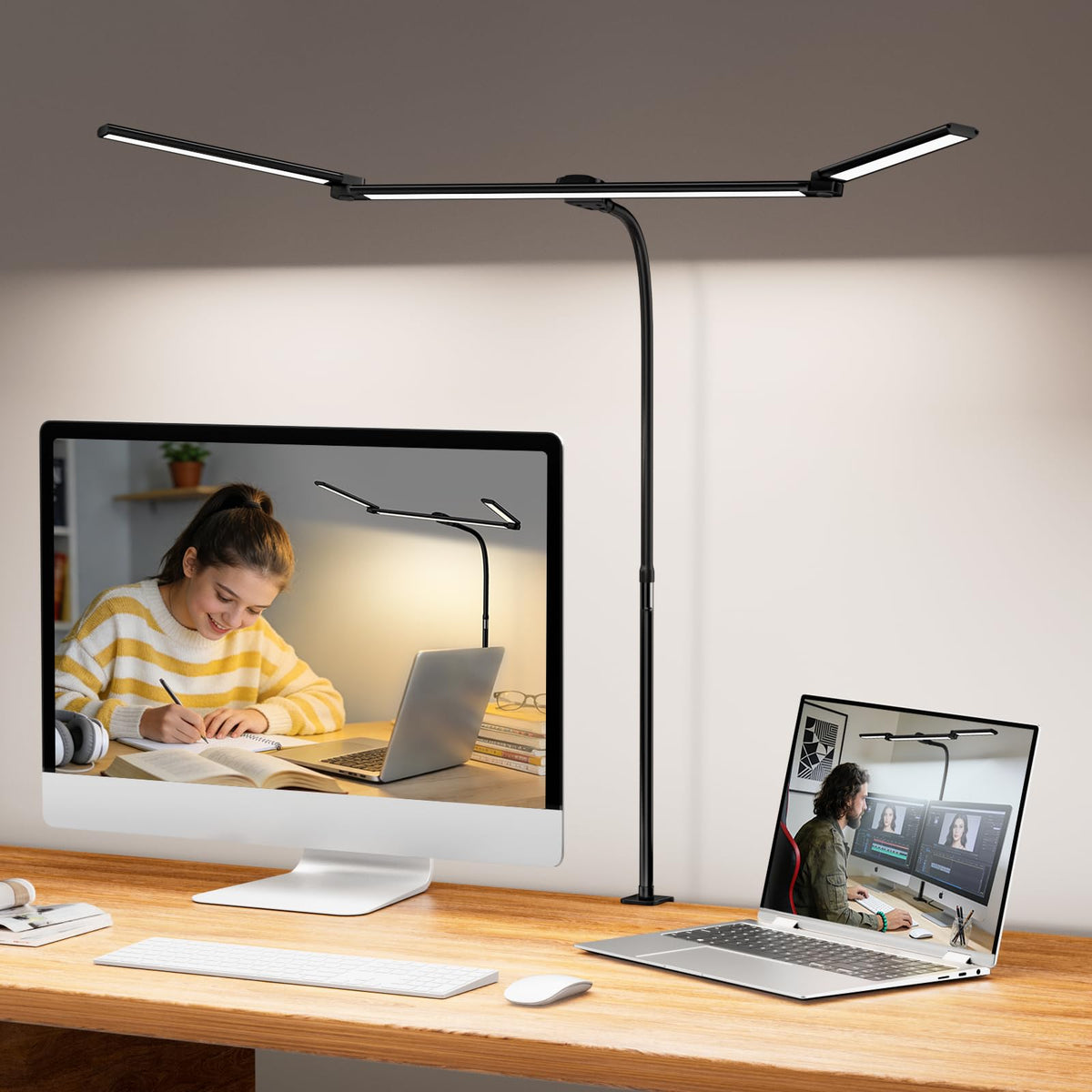 LED Desk Lamp for Home Office,3 Lamp Bars, 5 Color Temperatures & 10 Dimming Brightness, Flexible Neck, 15W USB Adapter Desk Light with Clamp for Reading, Study, Craft (Black)