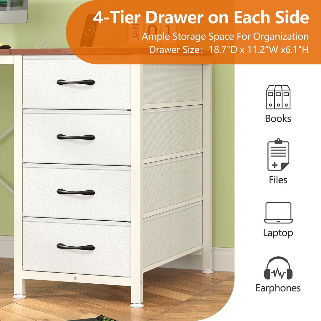 50 Inch Computer Desk with 8 Drawers, Home Office Desk with Power Outlets, Work Study Gaming Desk with 8 Fabric Drawers, Brown and White