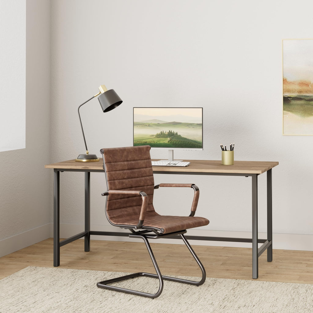 Office Chairs No Wheels Leather Conference Chairs Back Support Guest Chair, Set of 2 (Vintage Brown)