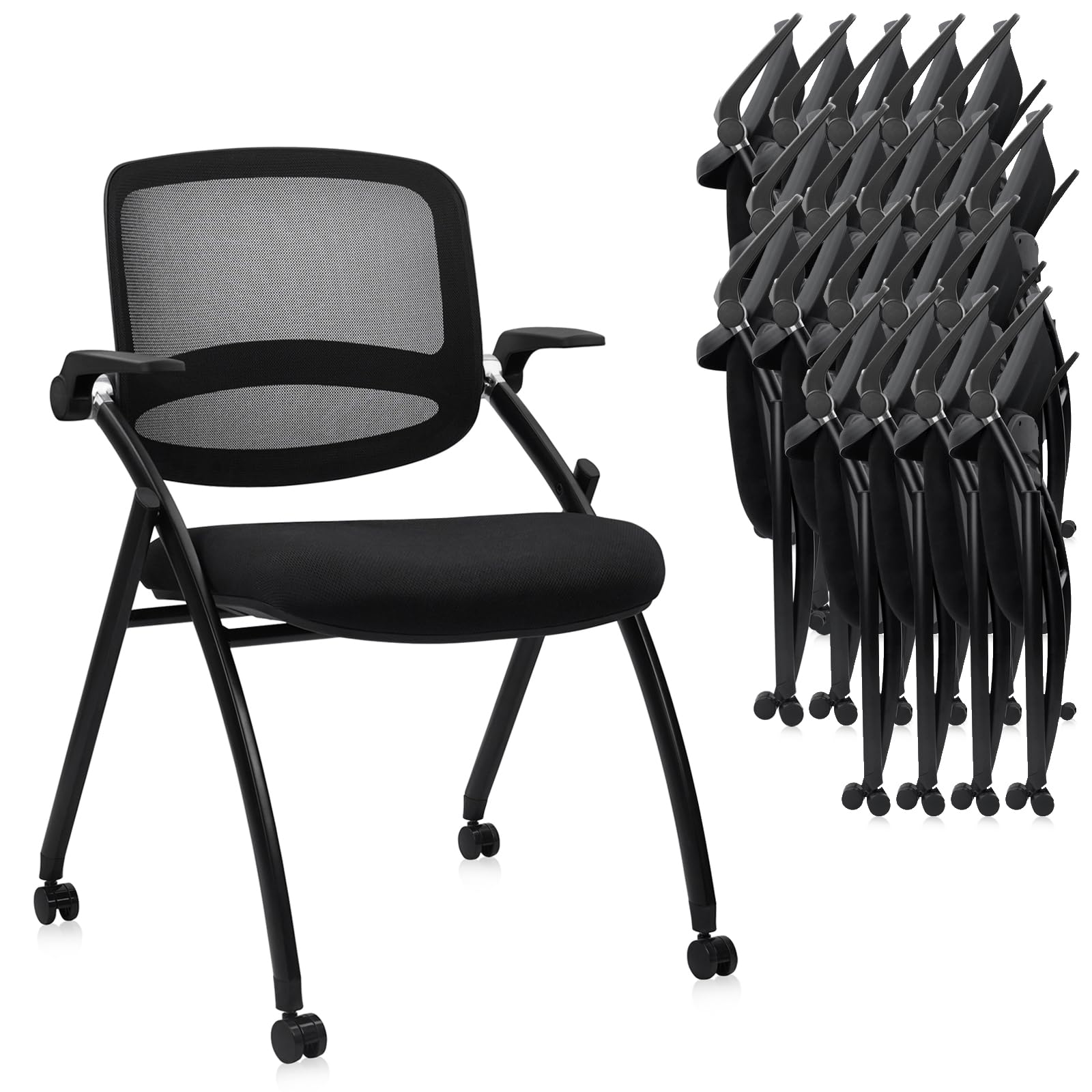 20 Pack, Stackable & Foldable Chairs with Flip Up Armrests, Reception Guest Chairs with Wheels, Ergonomic Curved Mesh Back Folding Chair for Office Meeting Schools Conference Waiting Room