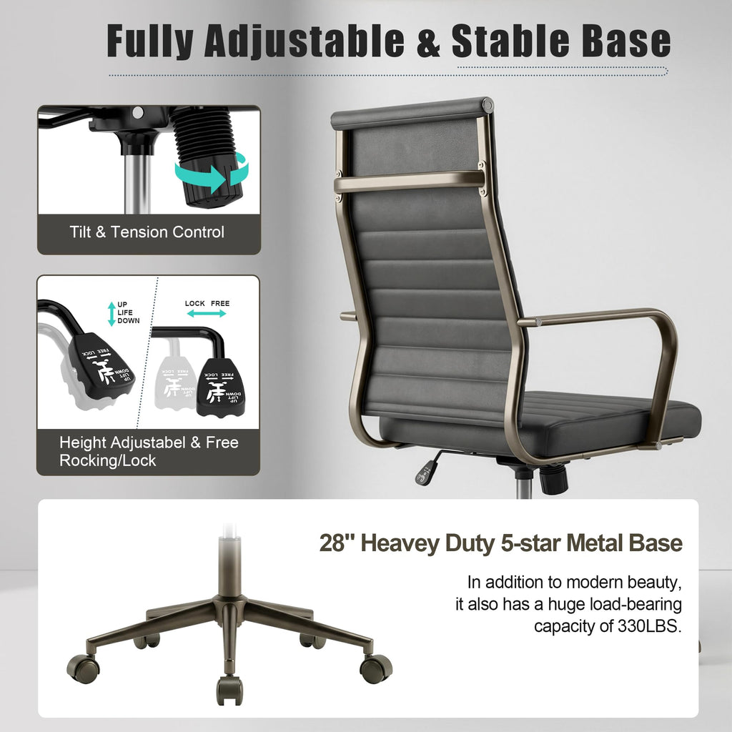 Leather Office Desk Chair, Ergonomic Mid Century Modern Conference Room Chairs, Executive Ribbed Height Adjustable Swivel Rolling Chair for Home Office.