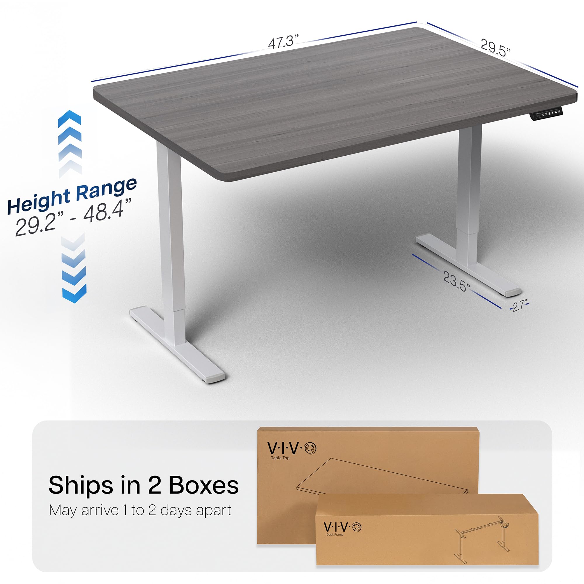 Electric 48 x 30 in Standing Desk, Memory Height Adjustment, 1B Series, Holds 220 lbs, One-Piece Dark Gray Top, Gray Frame