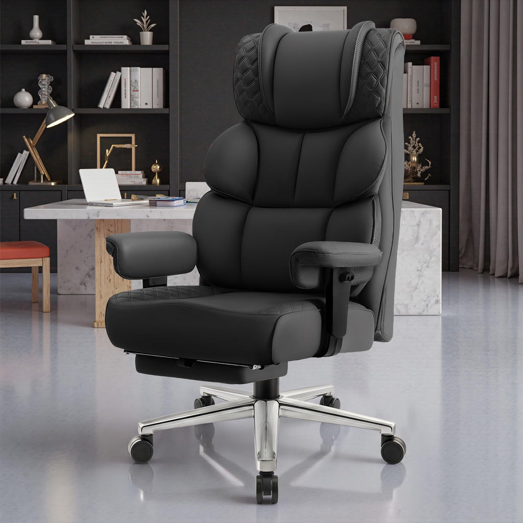 Office Desk Chair, Big and Tall Leather Gaming Chair with Footrest, Wide Ergonomic Comfy Executive High-Back Reclining Computer Chairs, Swivel Rolling Wheels and Padded Lumbar Support, Black Updated