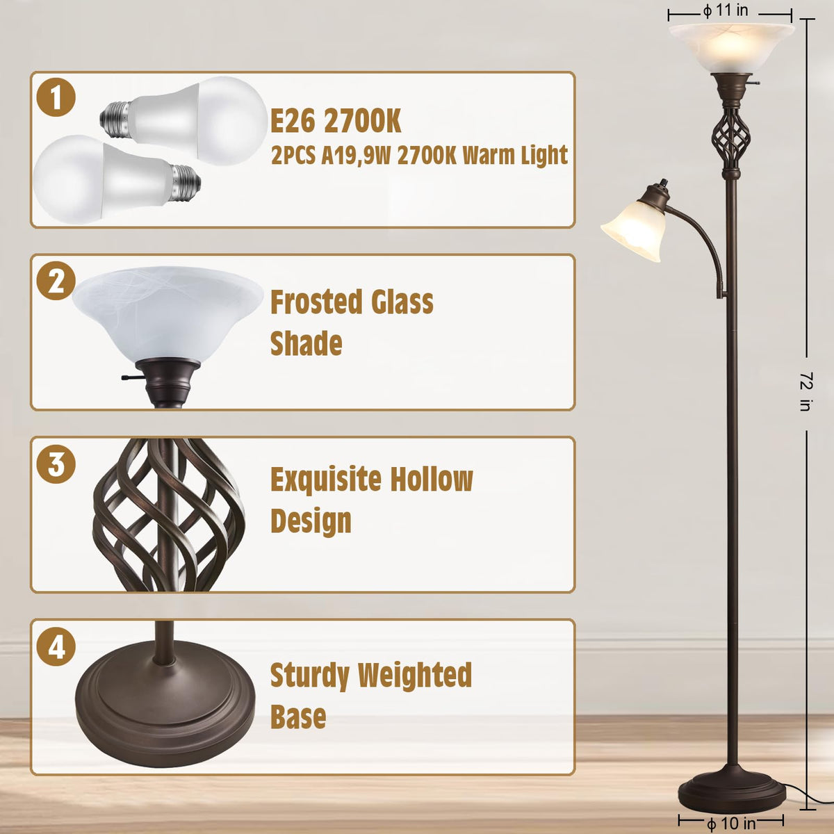 Torchiere Floor Lamp for Living Room, LED Standing Reading Light