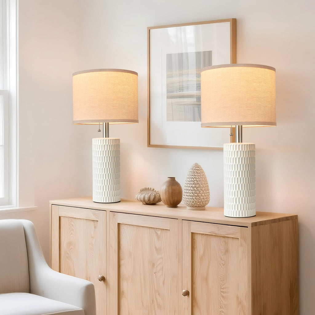 20.5" Modern Ceramic Table Lamps for Bedroom Set of 2, Bedside Lamps for Night Stands with Beige Lampshade, Farmhouse Table Lamp for Living Room Office Dorm, White