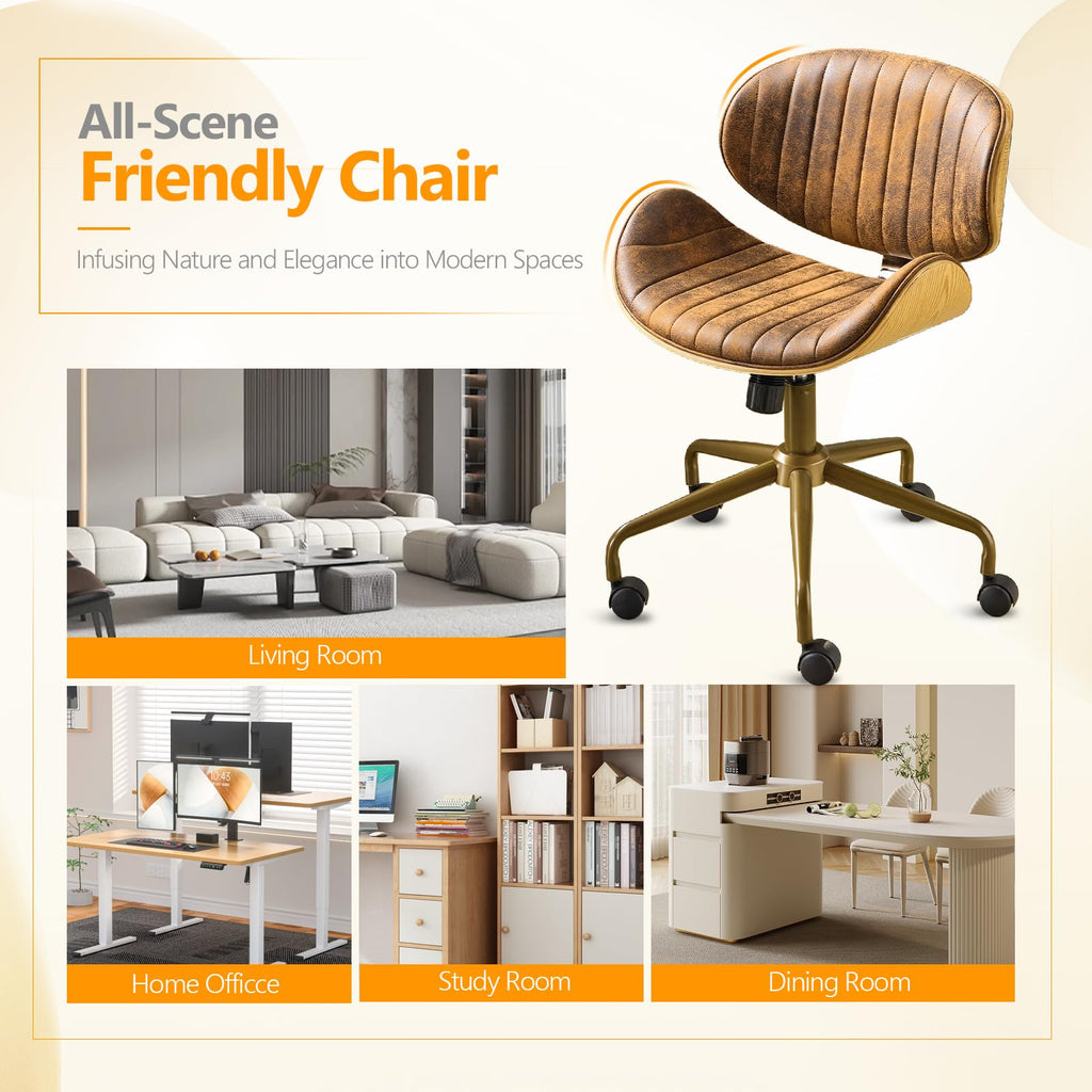 Wide Comfotable Swivel Home Office Chair with Wood-Grain Curved Shell,Ergomomic Mid-Back Padded Armless Modern Desk Chair with Wheels,Height Adjustable for Computer,Task,Work,Microfiber,Rustic