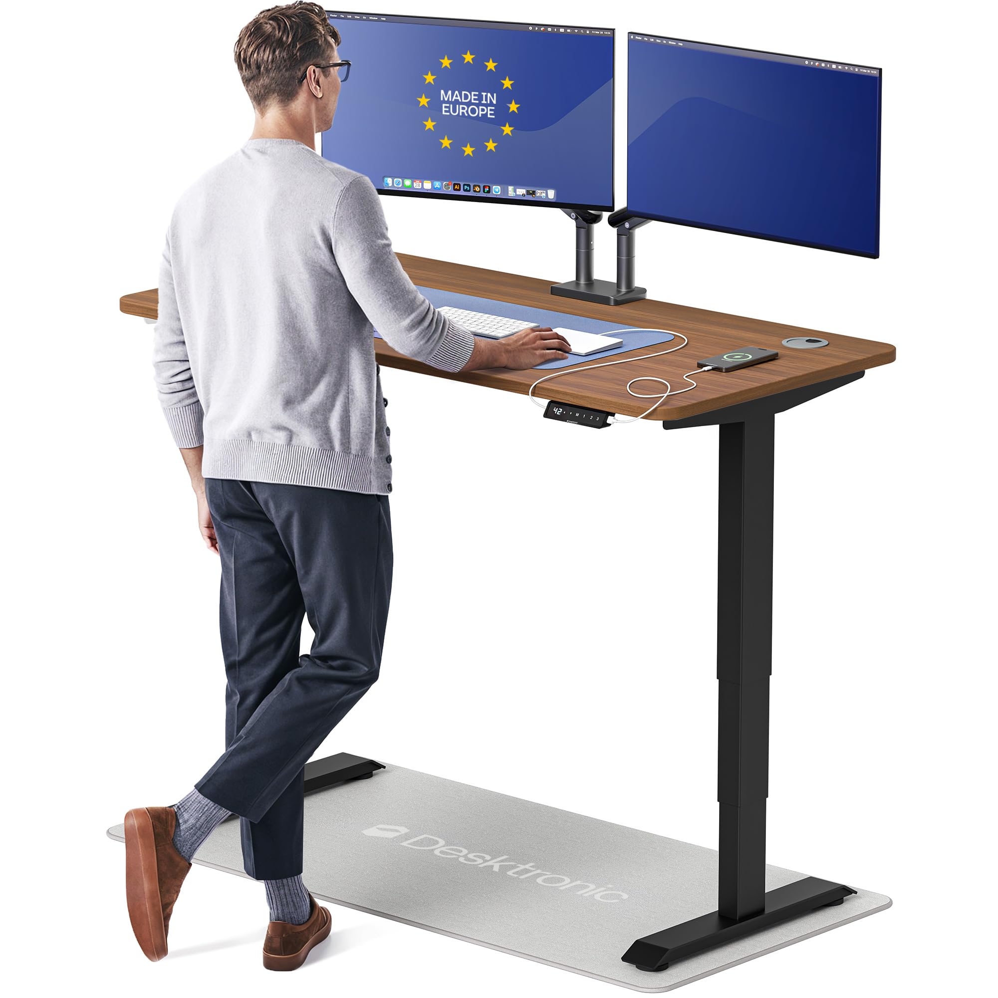 Standing Desk 54x28 — Made in Europe, Ergonomic Sit Stand Home Office Desk, Electric Height Adjustable, Dual Motor, USB & USB-C Charging, Wobble-Free, Touchscreen, 3 Memory Presets