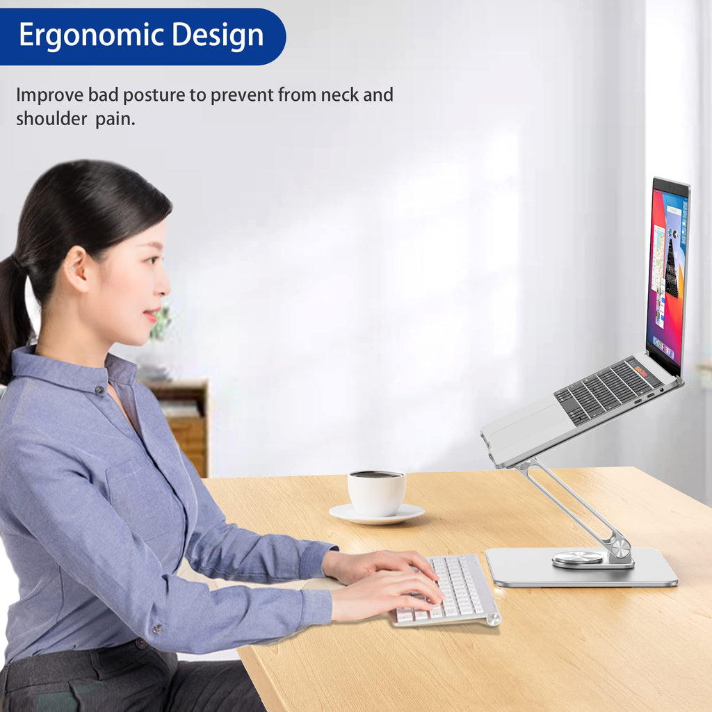 Laptop Stand with 360 Rotating Base, Ergonomic Adjustable Notebook Riser, Foldable Computer Holder Compatible with 10-15.6" Laptops (Silver)
