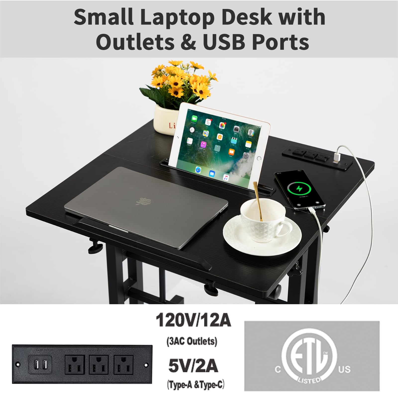 Mobile Standing Desk with Charging Station, Adjustable Standing Computer Desk, Standing Adjustable Laptop Cart with Wheels for Home Office Classroom Black