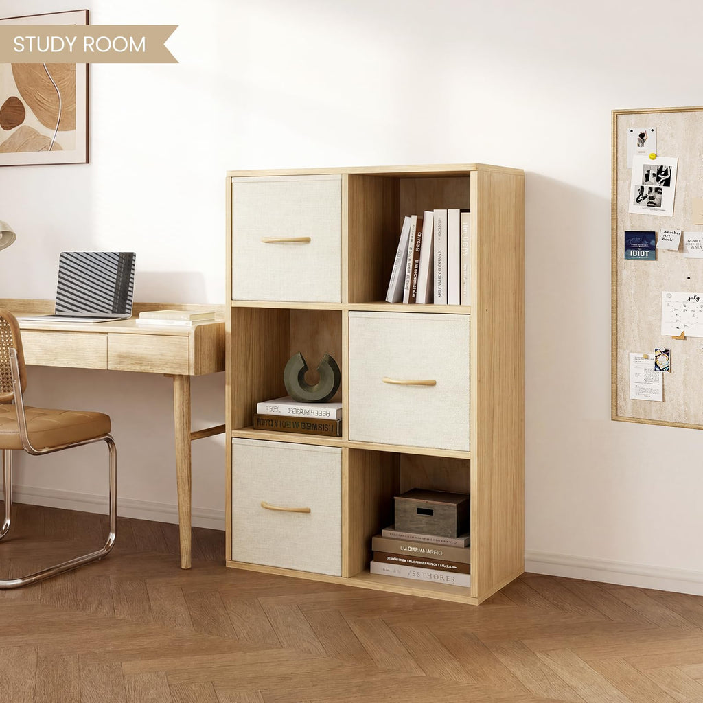 6 Cube Storage Organizer - Solid Wood Bookshelf with 3 Storage Bins, Cube Shelf with 2 Removable Back Panels, Vertical or Horizontal Bookcase, Open Book Shelf for Bedroom, Living Room, Office