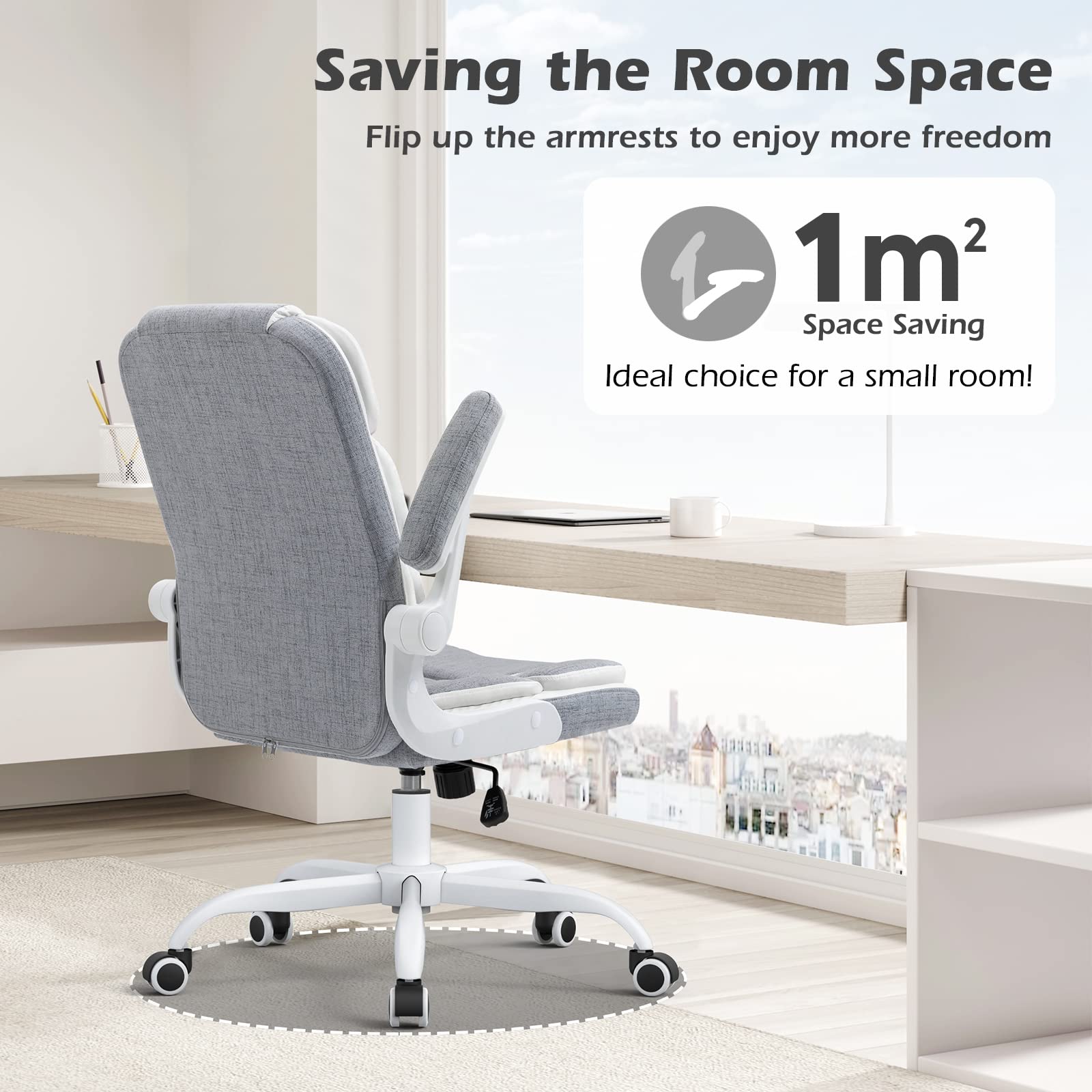 Home Office Desk Chairs Grey Linen Fabric Executive Office Chair with Wheels and Arms Comfortable Ergonomic Desk Chair for Adults and Teens