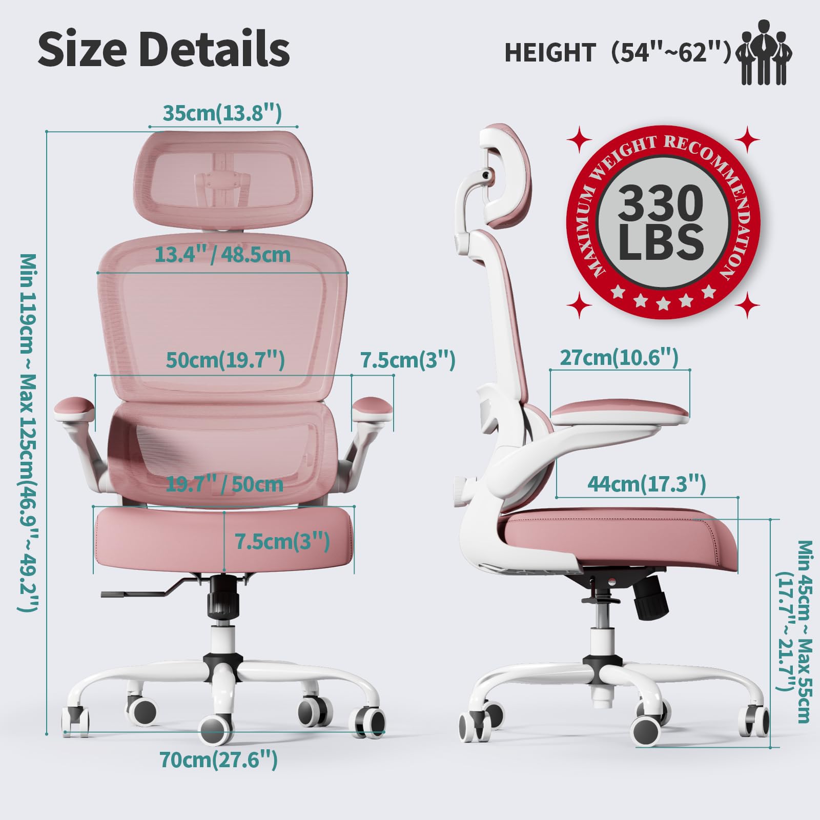 Office Chair Ergonomic Desk Chair, 330 LBS Home Mesh Office Desk Chairs with Wheels, Comfortable Gaming Chairs (Pink)